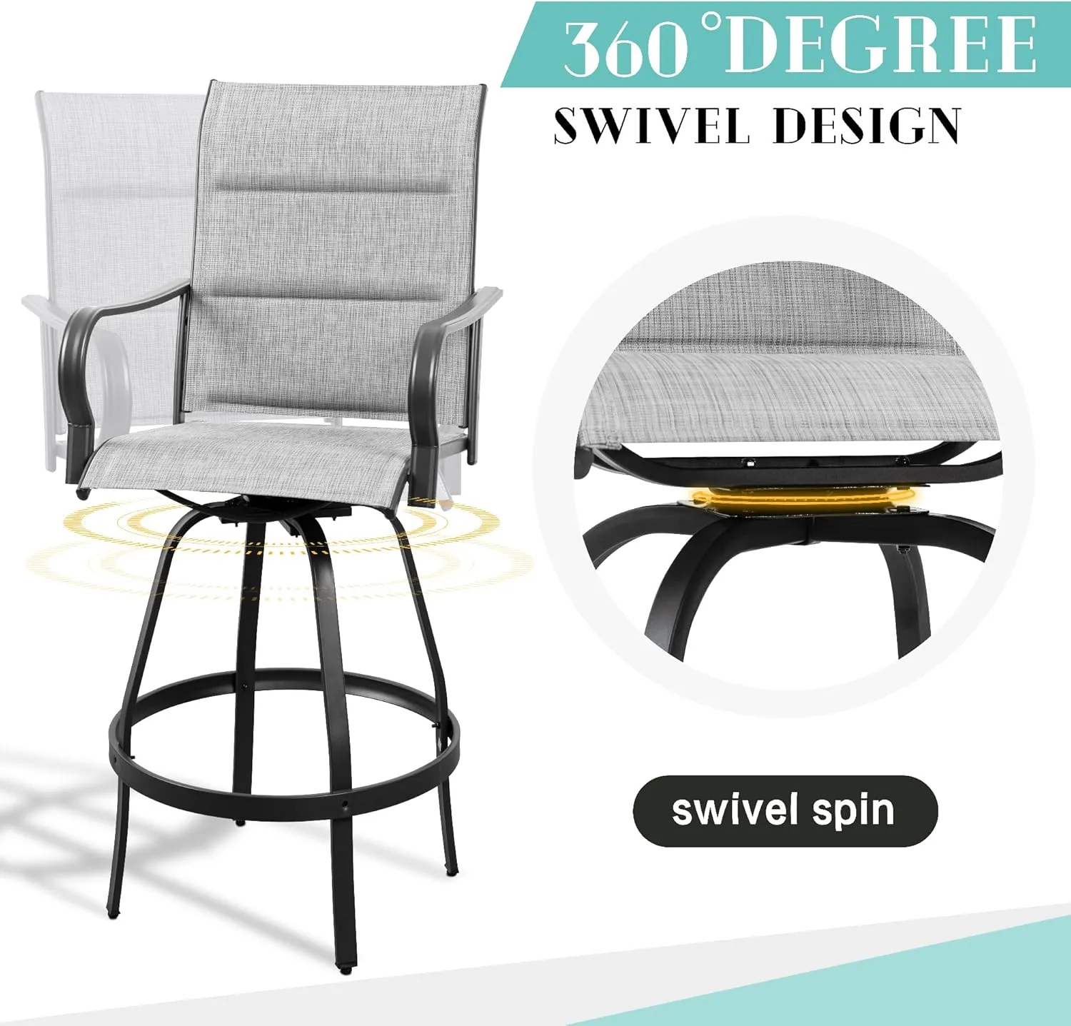 Vongrasig 2 Piece Outdoor Patio Swivel Bar Chairs, All Weather Padded Sling Textile High Top Bar Stools, Bistro Set for Backyard, Lawn Garden, Balcony, Padded Light Grey