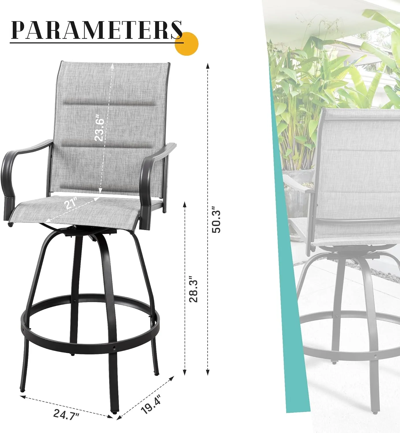 Vongrasig 2 Piece Outdoor Patio Swivel Bar Chairs, All Weather Padded Sling Textile High Top Bar Stools, Bistro Set for Backyard, Lawn Garden, Balcony, Padded Light Grey