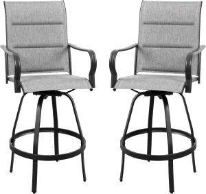 Vongrasig 2 Piece Outdoor Patio Swivel Bar Chairs, All Weather Padded Sling Textile High Top Bar Stools, Bistro Set for Backyard, Lawn Garden, Balcony, Padded Light Grey