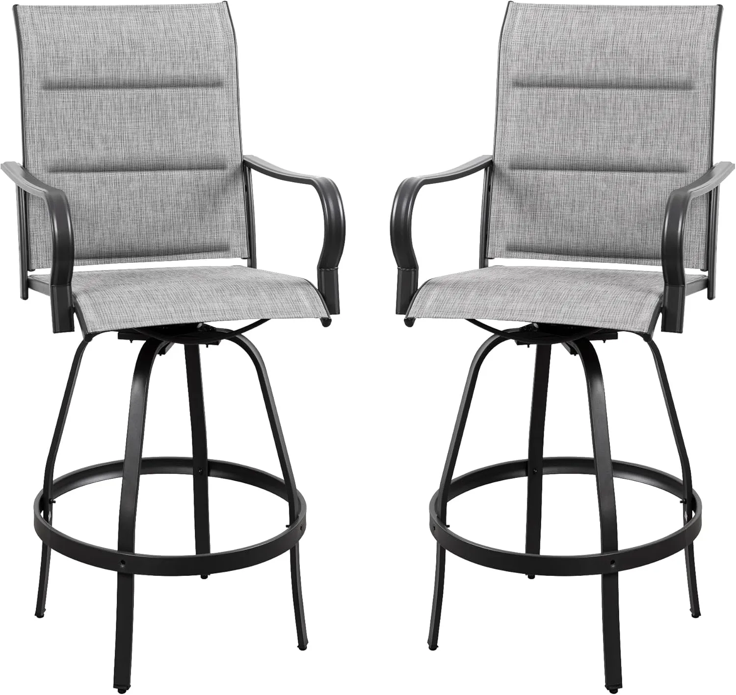 Vongrasig 2 Piece Outdoor Patio Swivel Bar Chairs, All Weather Padded Sling Textile High Top Bar Stools, Bistro Set for Backyard, Lawn Garden, Balcony, Padded Light Grey