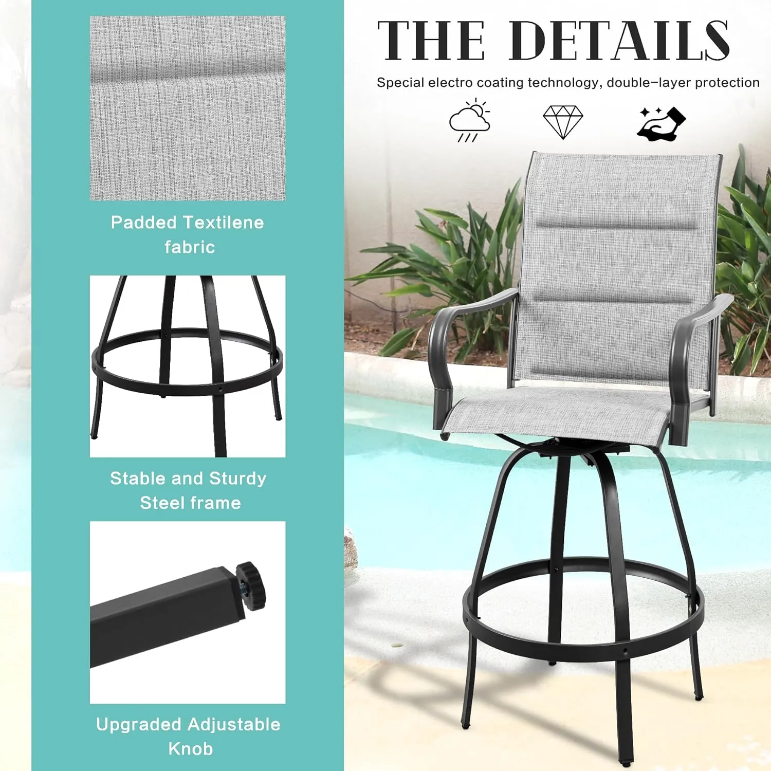 Vongrasig 2 Piece Outdoor Patio Swivel Bar Chairs, All Weather Padded Sling Textile High Top Bar Stools, Bistro Set for Backyard, Lawn Garden, Balcony, Padded Light Grey