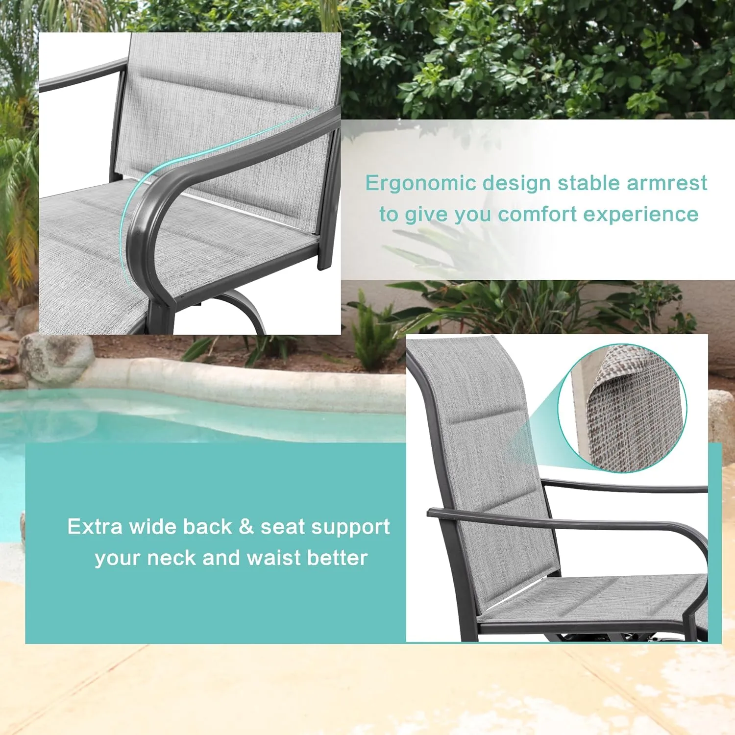Vongrasig 2 Piece Outdoor Patio Swivel Bar Chairs, All Weather Padded Sling Textile High Top Bar Stools, Bistro Set for Backyard, Lawn Garden, Balcony, Padded Light Grey