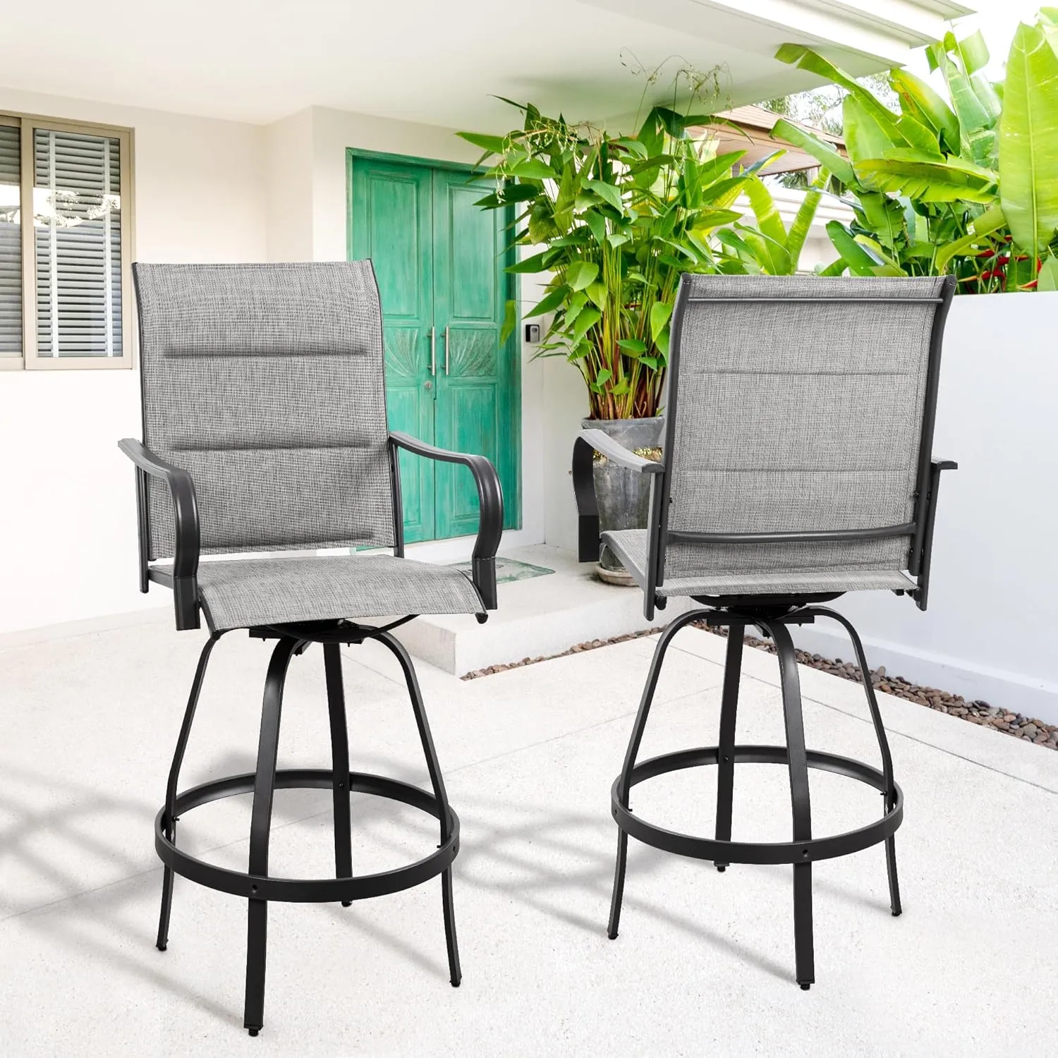 Vongrasig 2 Piece Outdoor Patio Swivel Bar Chairs, All Weather Padded Sling Textile High Top Bar Stools, Bistro Set for Backyard, Lawn Garden, Balcony, Padded Light Grey