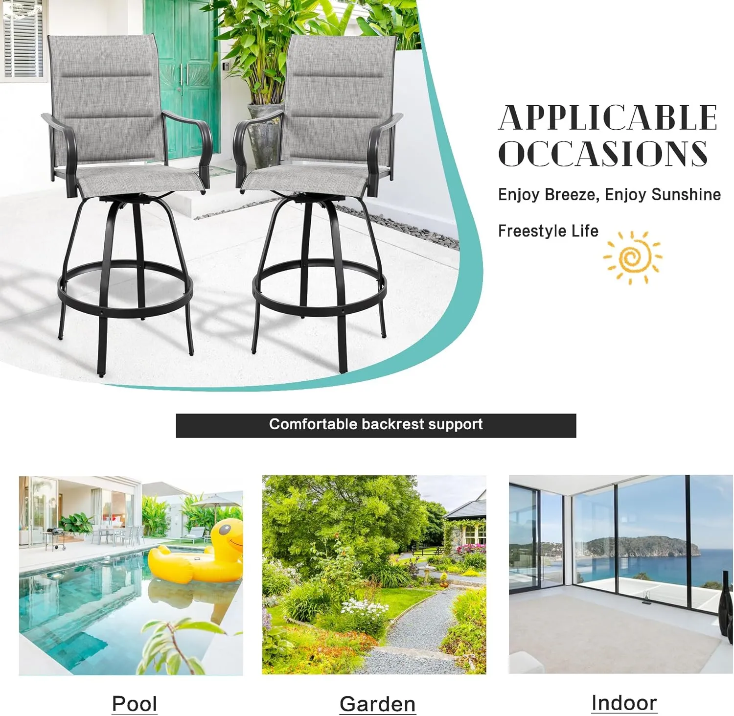 Vongrasig 2 Piece Outdoor Patio Swivel Bar Chairs, All Weather Padded Sling Textile High Top Bar Stools, Bistro Set for Backyard, Lawn Garden, Balcony, Padded Light Grey