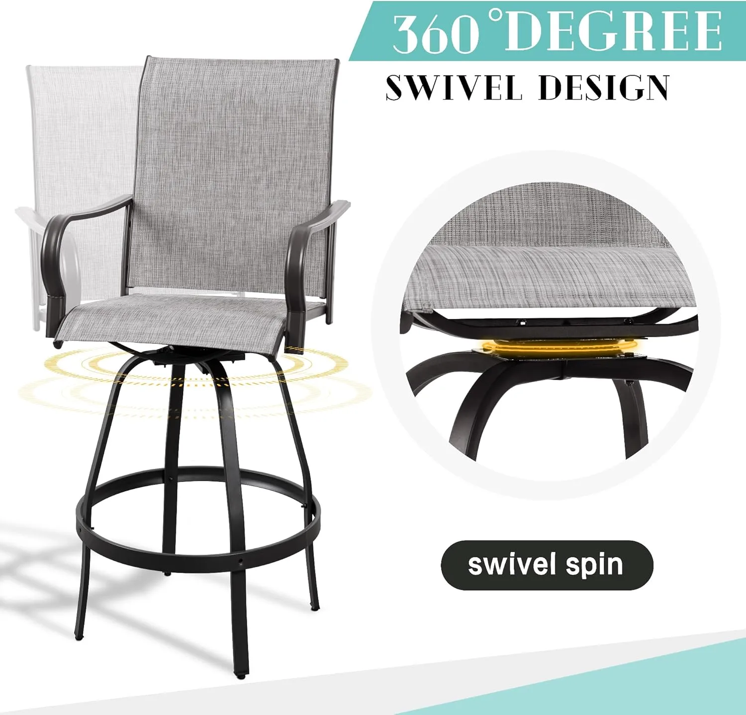 Vongrasig 2 Piece Patio Swivel Bar Chairs, All Weather Metal Textile High Swivel Bar Stools Chairs, Outdoor High Top Bistro Set for Backyard, Lawn Garden, Balcony, Light Grey