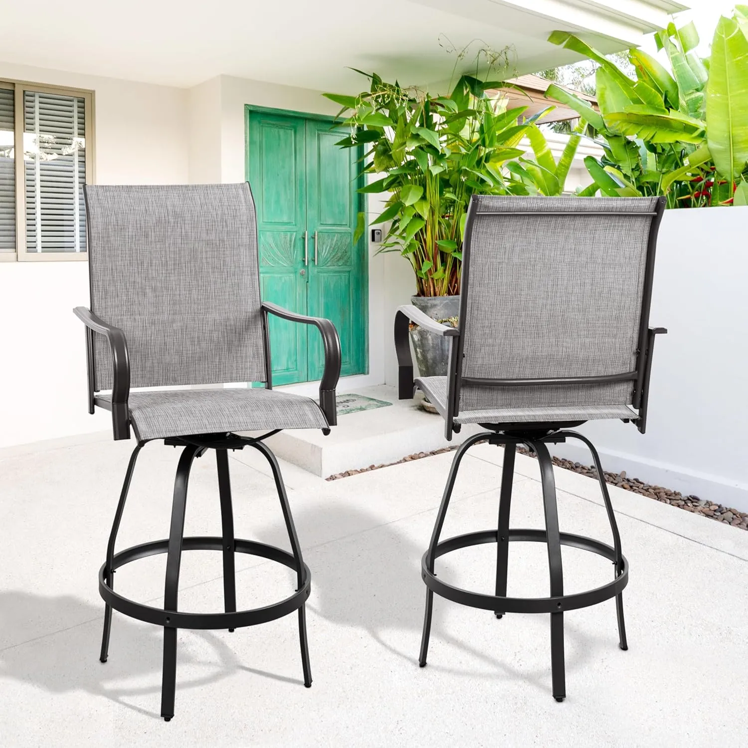 Vongrasig 2 Piece Patio Swivel Bar Chairs, All Weather Metal Textile High Swivel Bar Stools Chairs, Outdoor High Top Bistro Set for Backyard, Lawn Garden, Balcony, Light Grey