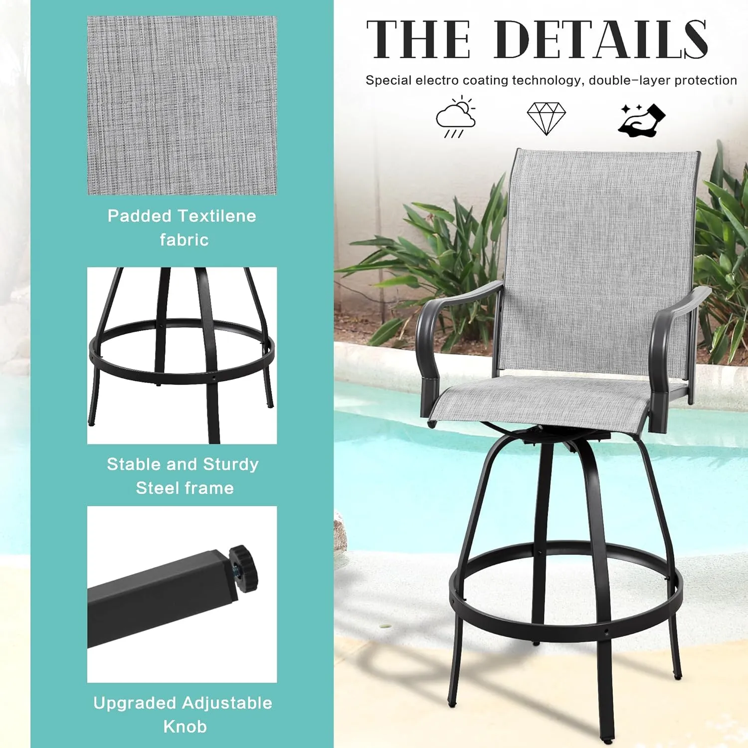 Vongrasig 2 Piece Patio Swivel Bar Chairs, All Weather Metal Textile High Swivel Bar Stools Chairs, Outdoor High Top Bistro Set for Backyard, Lawn Garden, Balcony, Light Grey