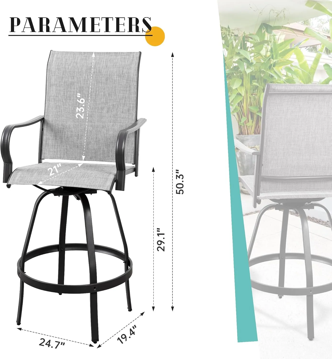 Vongrasig 2 Piece Patio Swivel Bar Chairs, All Weather Metal Textile High Swivel Bar Stools Chairs, Outdoor High Top Bistro Set for Backyard, Lawn Garden, Balcony, Light Grey