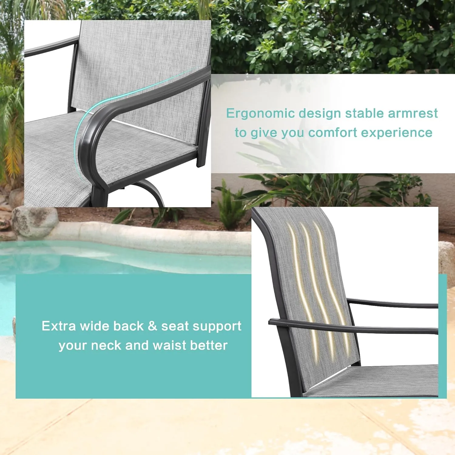 Vongrasig 2 Piece Patio Swivel Bar Chairs, All Weather Metal Textile High Swivel Bar Stools Chairs, Outdoor High Top Bistro Set for Backyard, Lawn Garden, Balcony, Light Grey