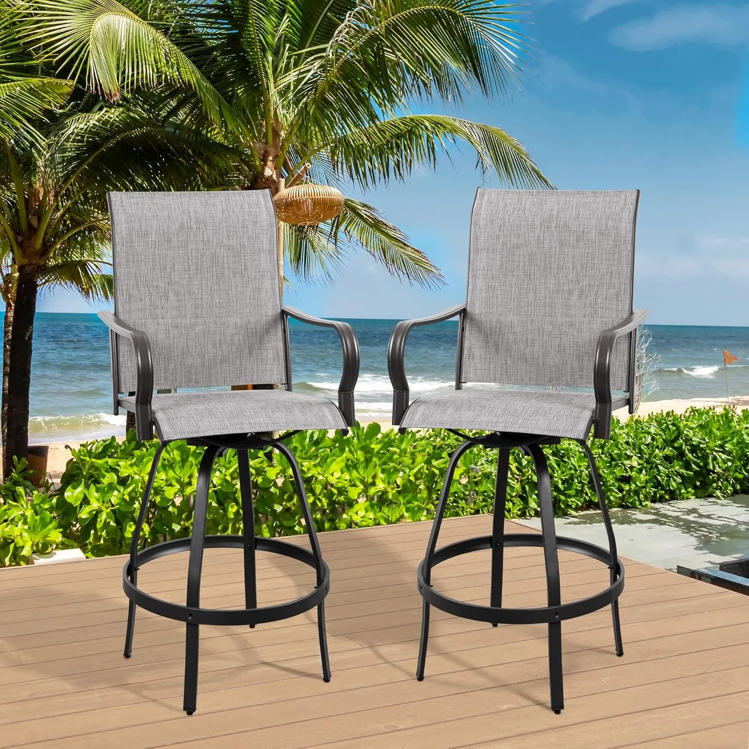 Vongrasig 2 Piece Patio Swivel Bar Chairs, All Weather Metal Textile High Swivel Bar Stools Chairs, Outdoor High Top Bistro Set for Backyard, Lawn Garden, Balcony, Light Grey