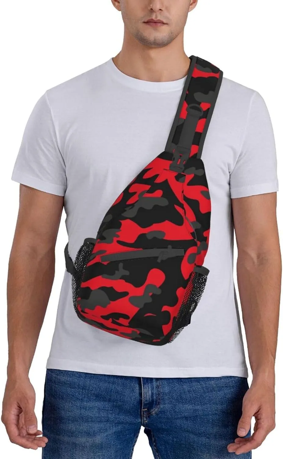 VOOHDDY Red And Black Camo Camouflage Sling Bag For Women Men Travel Hiking Backpack Crossbody Shoulder Chest Bags Casual Daypack Sport