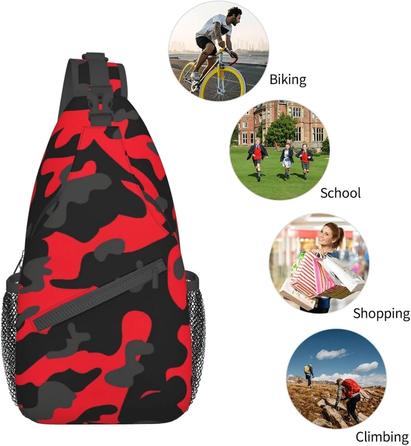 VOOHDDY Red And Black Camo Camouflage Sling Bag For Women Men Travel Hiking Backpack Crossbody Shoulder Chest Bags Casual Daypack Sport