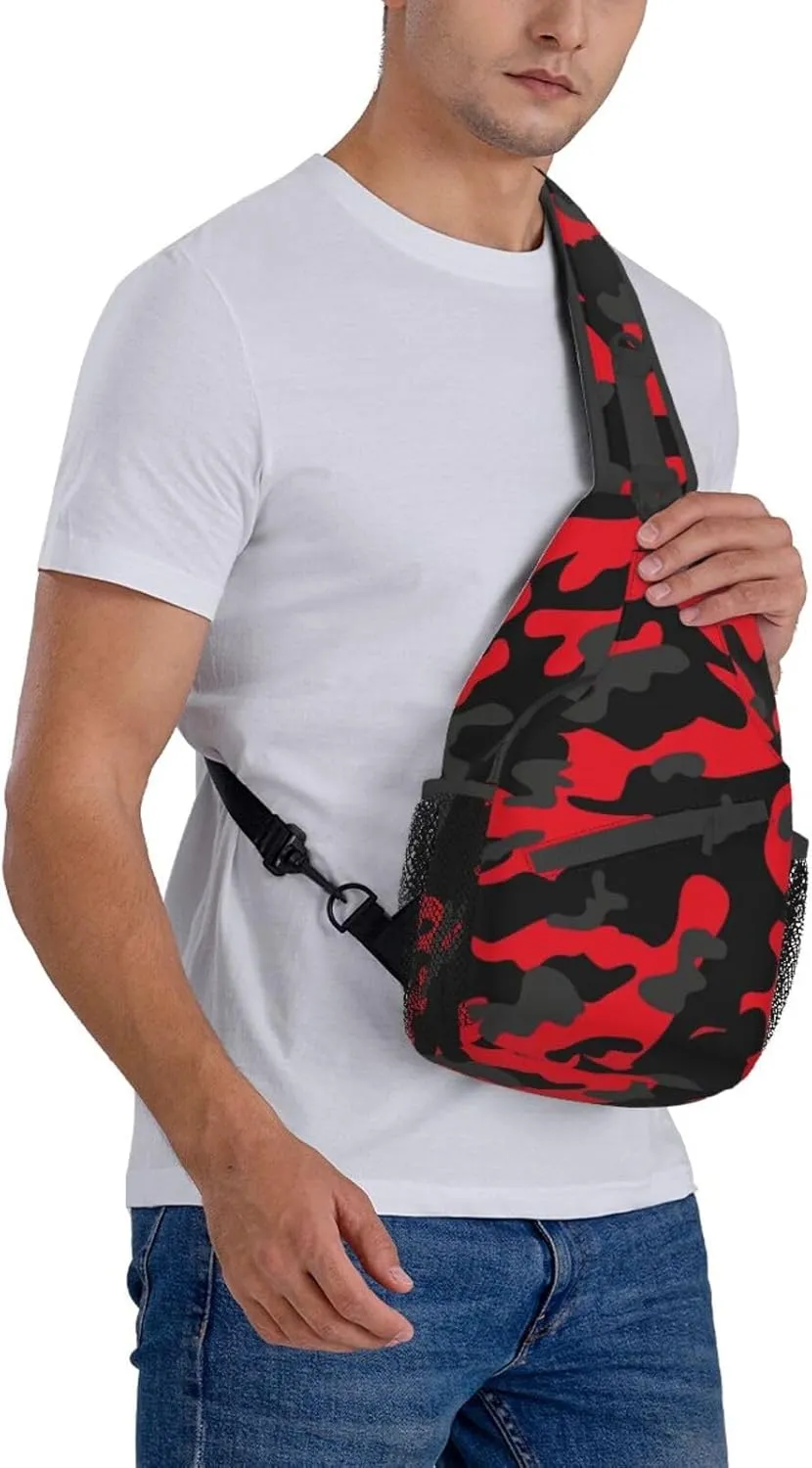 VOOHDDY Red And Black Camo Camouflage Sling Bag For Women Men Travel Hiking Backpack Crossbody Shoulder Chest Bags Casual Daypack Sport