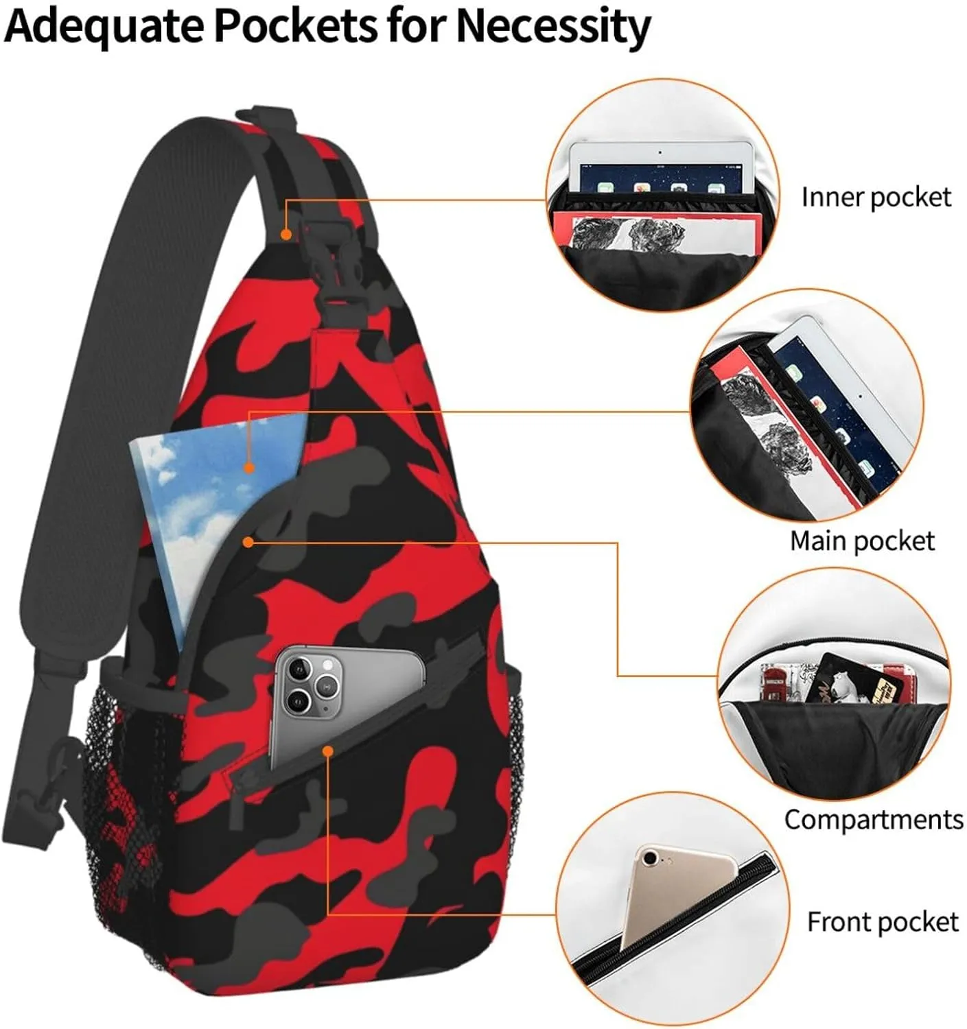 VOOHDDY Red And Black Camo Camouflage Sling Bag For Women Men Travel Hiking Backpack Crossbody Shoulder Chest Bags Casual Daypack Sport