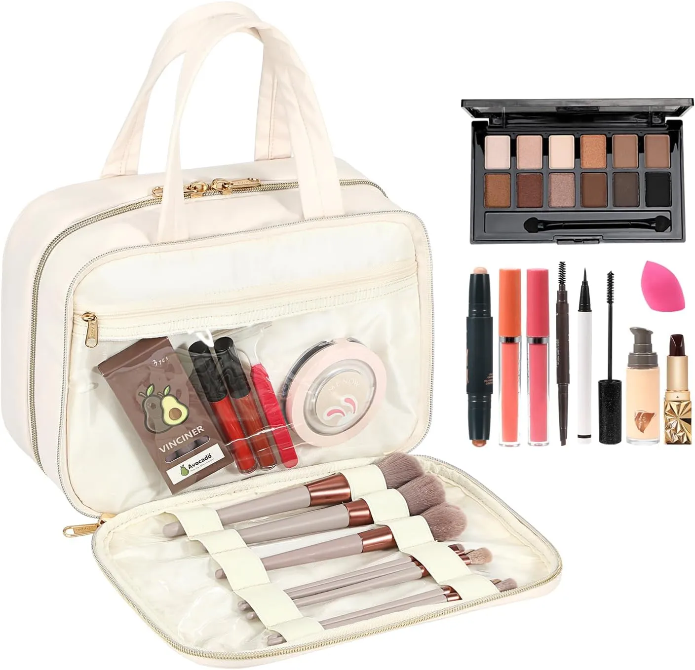 Voova Hanging Travel Toiletry Bag for Women Men, Waterproof Makeup Cosmetic Organizer Holder for Toiletries Accessories, Traveling Essentials,Shampoo,Full-Sized Container, Brushes Kit Set, Beige