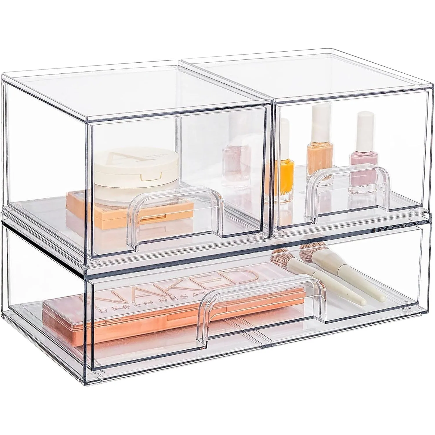 Vtopmart Stackable Storage Drawers Set of 3, 12.1“ Wide and 4.4'' Tall Clear Plastic Organizer Bins for Makeup, Cosmetics, Beauty Supplies,Ideal for Vanity, Bathroom,Cabinet,Pantry,Kitchen Organizer