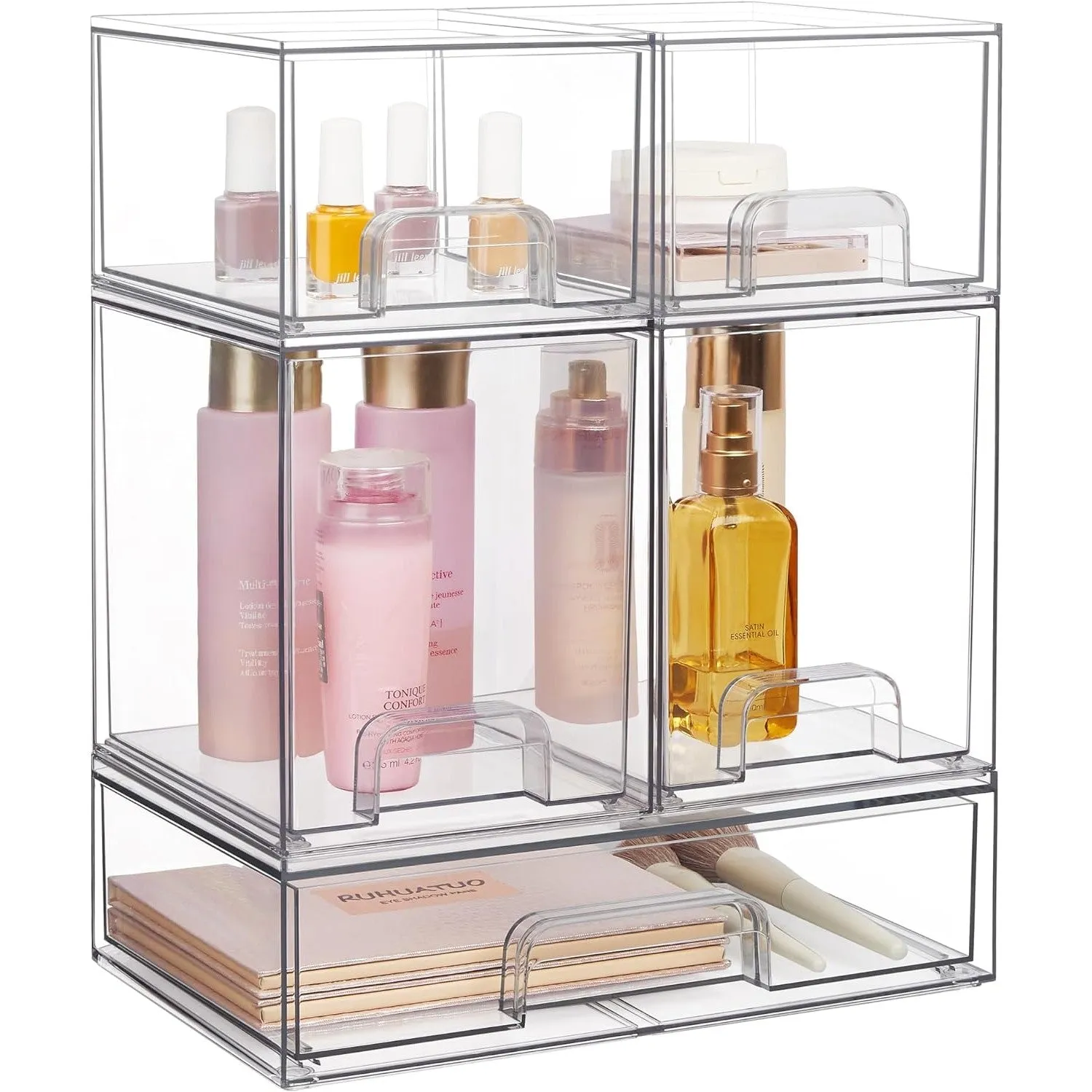 Vtopmart Stackable Storage Drawers Set of 3, 12.1“ Wide and 4.4'' Tall Clear Plastic Organizer Bins for Makeup, Cosmetics, Beauty Supplies,Ideal for Vanity, Bathroom,Cabinet,Pantry,Kitchen Organizer