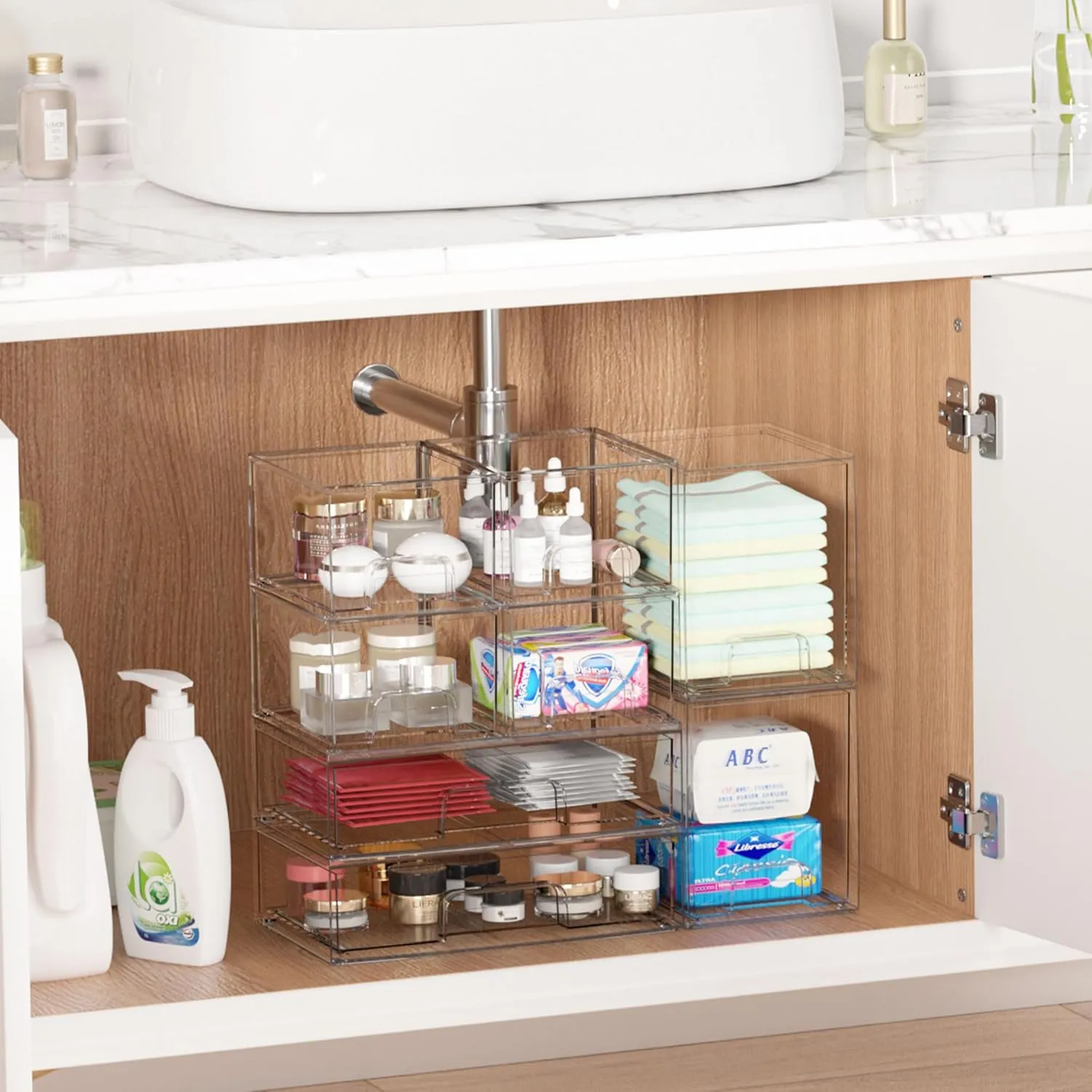 Vtopmart Stackable Storage Drawers Set of 3, 12.1“ Wide and 4.4'' Tall Clear Plastic Organizer Bins for Makeup, Cosmetics, Beauty Supplies,Ideal for Vanity, Bathroom,Cabinet,Pantry,Kitchen Organizer
