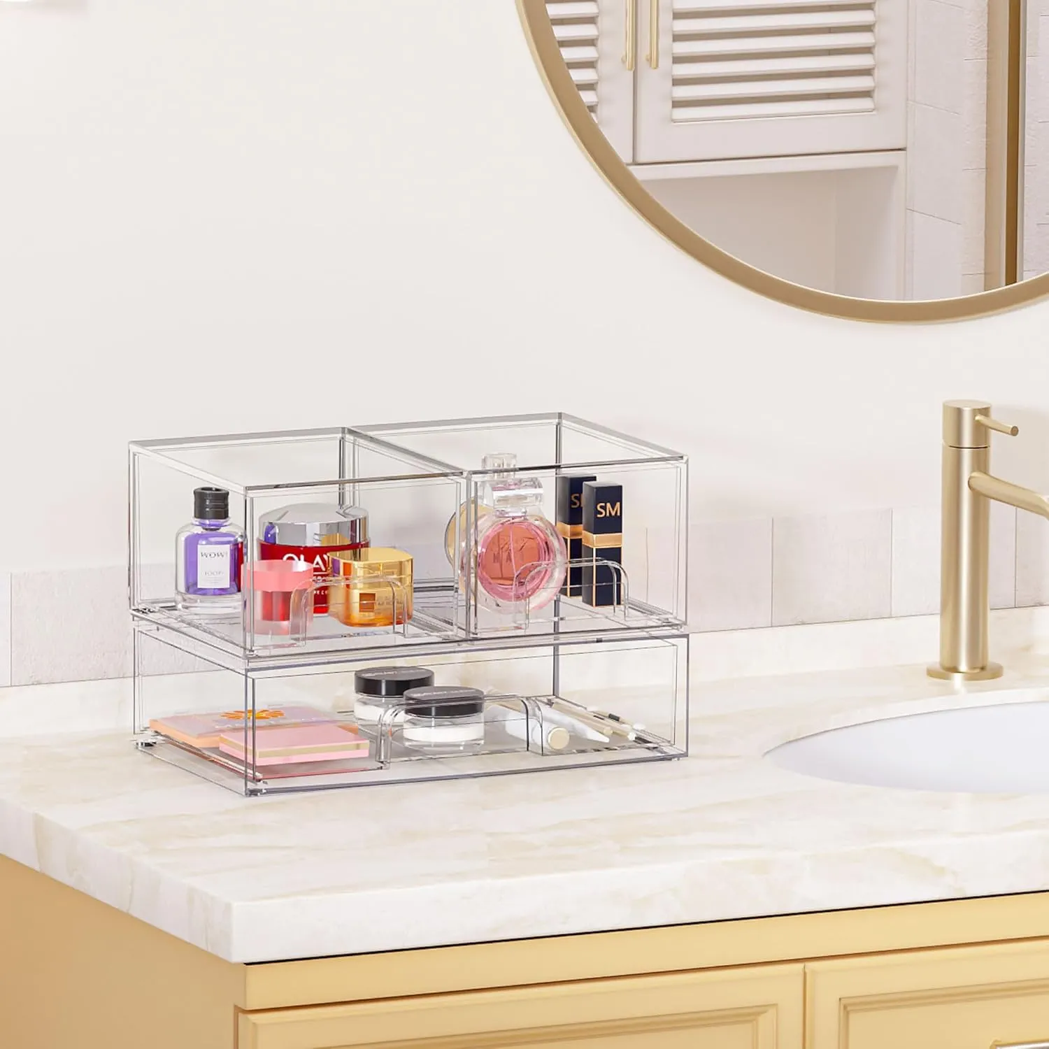 Vtopmart Stackable Storage Drawers Set of 3, 12.1“ Wide and 4.4'' Tall Clear Plastic Organizer Bins for Makeup, Cosmetics, Beauty Supplies,Ideal for Vanity, Bathroom,Cabinet,Pantry,Kitchen Organizer