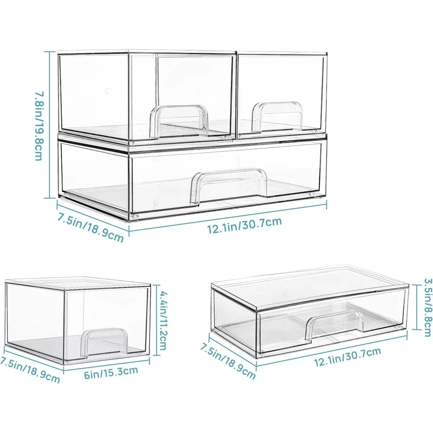 Vtopmart Stackable Storage Drawers Set of 3, 12.1“ Wide and 4.4'' Tall Clear Plastic Organizer Bins for Makeup, Cosmetics, Beauty Supplies,Ideal for Vanity, Bathroom,Cabinet,Pantry,Kitchen Organizer