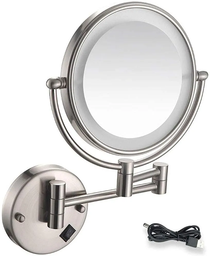 Wall Mount Led Lighted Makeup Mirror 5X Magnifying USB Rechargeable Cosmetic Mirror 360° Swivel Extendable Two Sided Vanity Mirror for Bathroom/Nickel Brushed