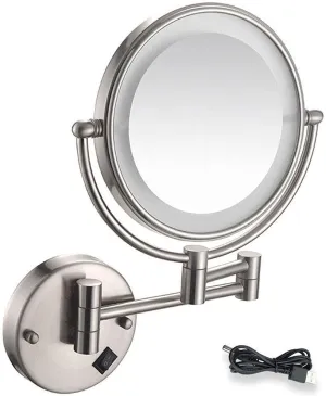 Wall Mount Led Lighted Makeup Mirror 5X Magnifying USB Rechargeable Cosmetic Mirror 360° Swivel Extendable Two Sided Vanity Mirror for Bathroom/Nickel Brushed