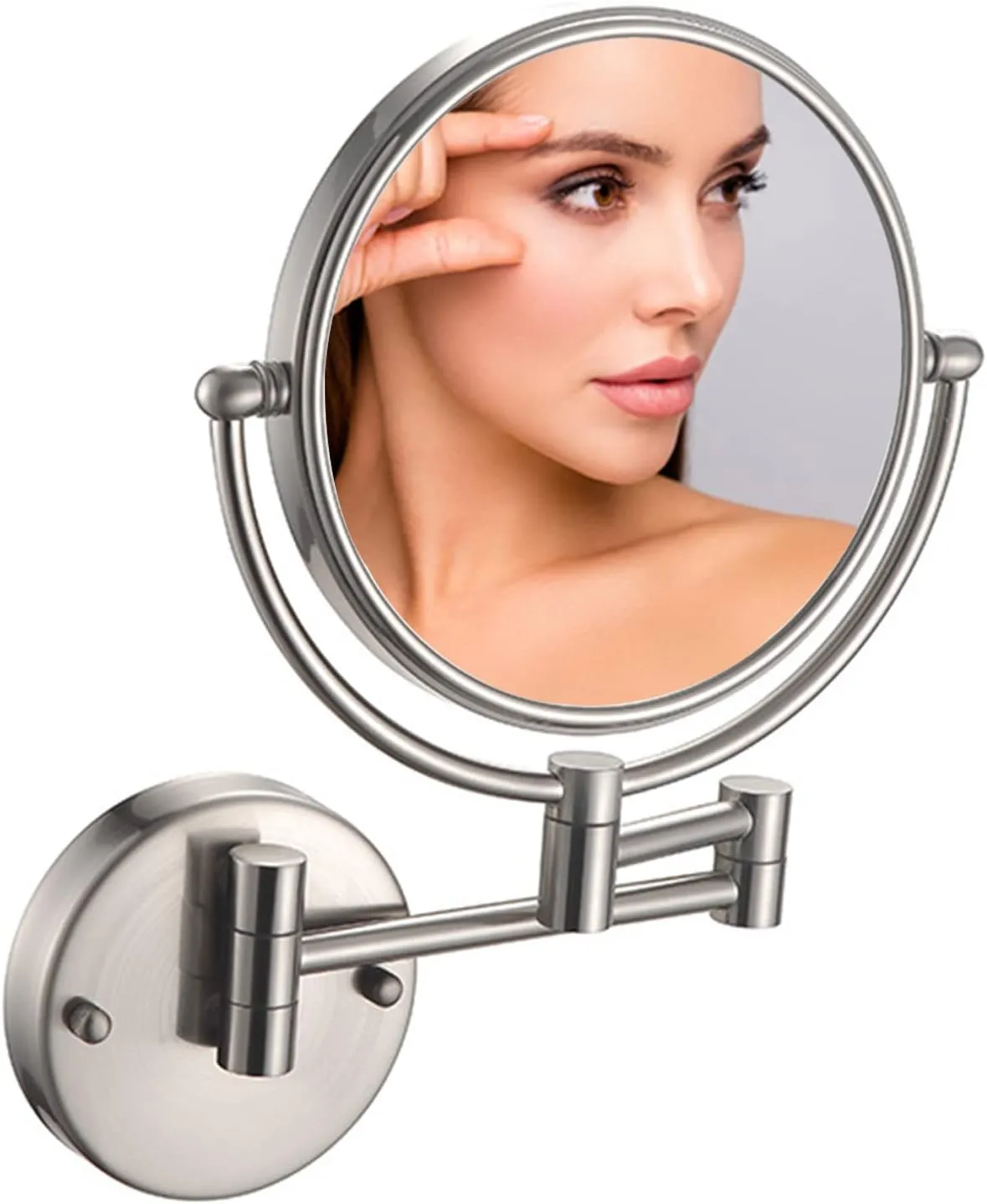 Wall Mounted Makeup Mirror, Wall Mounted Makeup Mirror with Magnification, 8 Inch 360°Rotatable Double Sided Vanity Magnifying Mirror for Bathroom (Brushed Nickel 5X)
