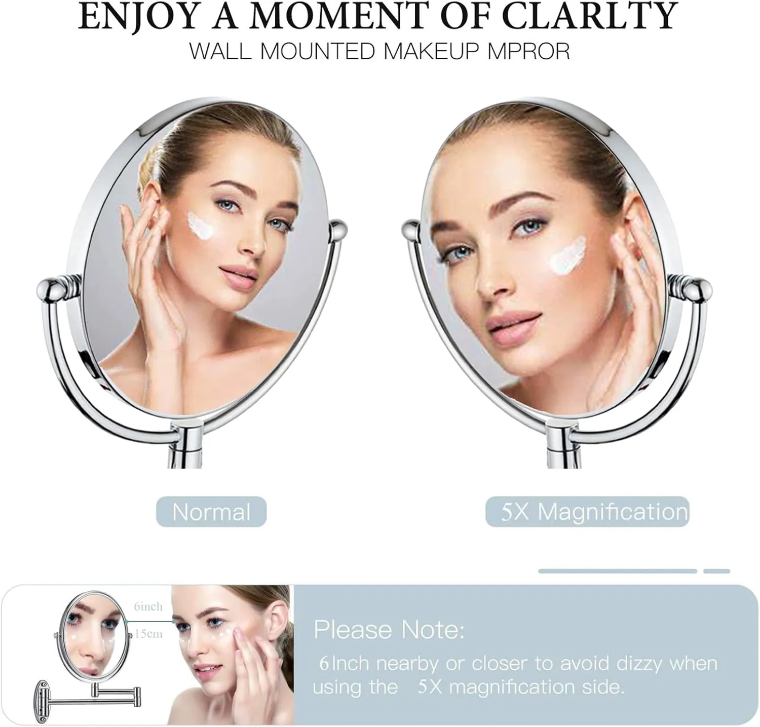 Wall Mounted Makeup Mirror, Wall Mounted Makeup Mirror with Magnification, 8 Inch 360°Rotatable Double Sided Vanity Magnifying Mirror for Bathroom (Silver White 5X)