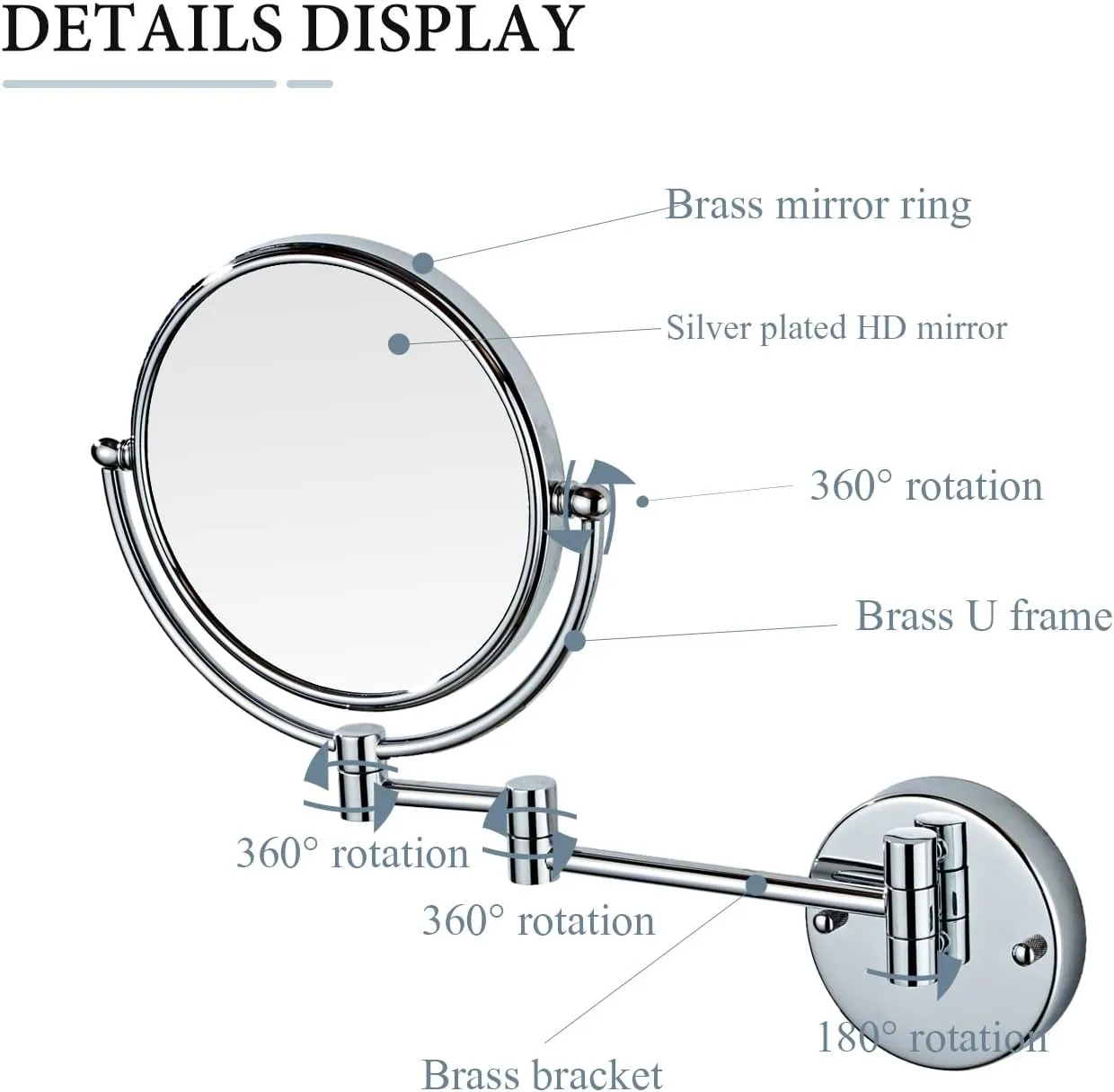 Wall Mounted Makeup Mirror, Wall Mounted Makeup Mirror with Magnification, 8 Inch 360°Rotatable Double Sided Vanity Magnifying Mirror for Bathroom (Silver White 5X)