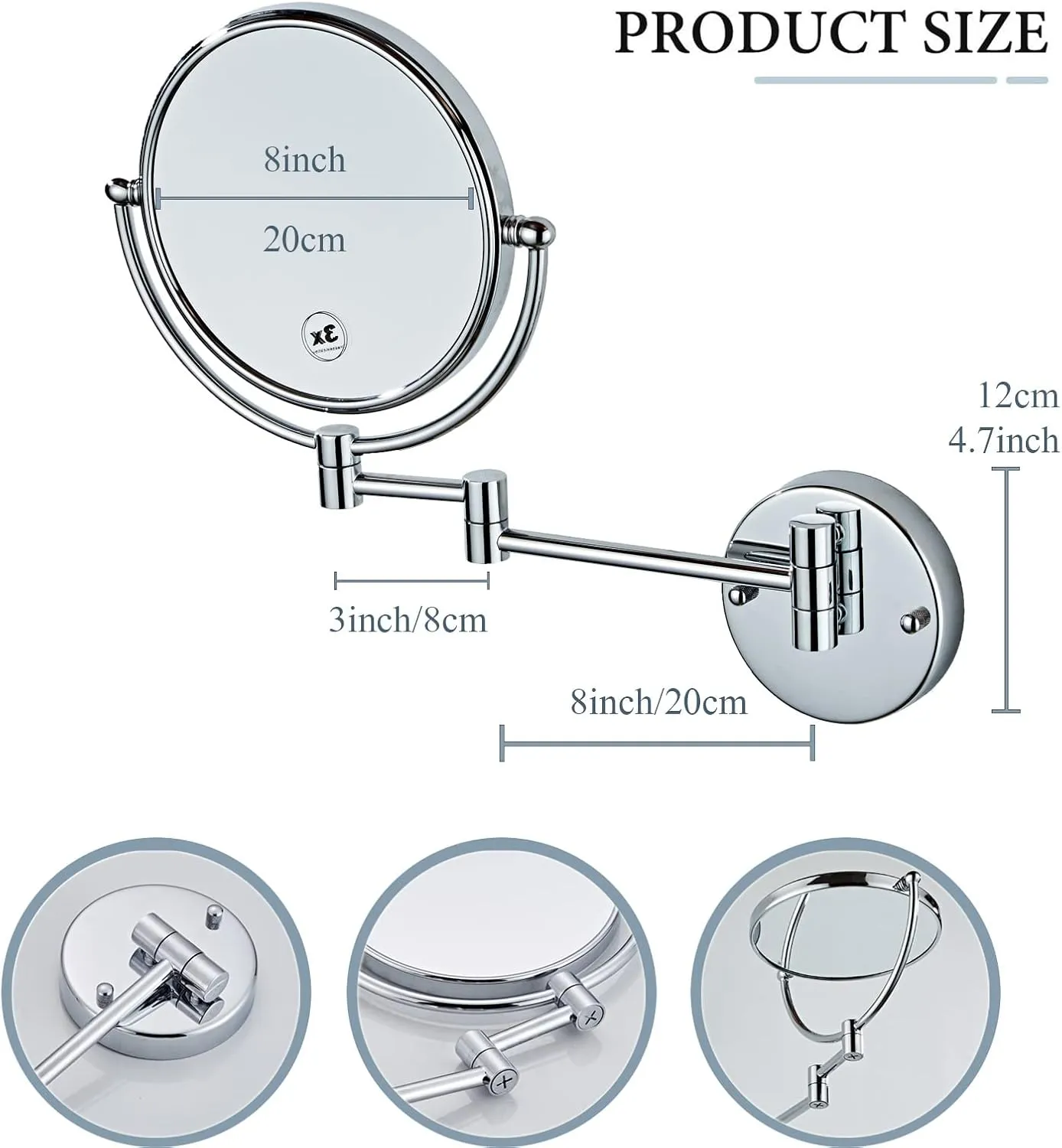Wall Mounted Makeup Mirror, Wall Mounted Makeup Mirror with Magnification, 8 Inch 360°Rotatable Double Sided Vanity Magnifying Mirror for Bathroom (Silver White 5X)