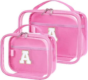 Wandering Nature Clear Makeup Bags 2 Pack Personalized Initial Makeup Pouch Preppy Small Cosmetic Pouch Organizer Travel Toiletry Bag, Birthday Gifts for Girlfriend Women