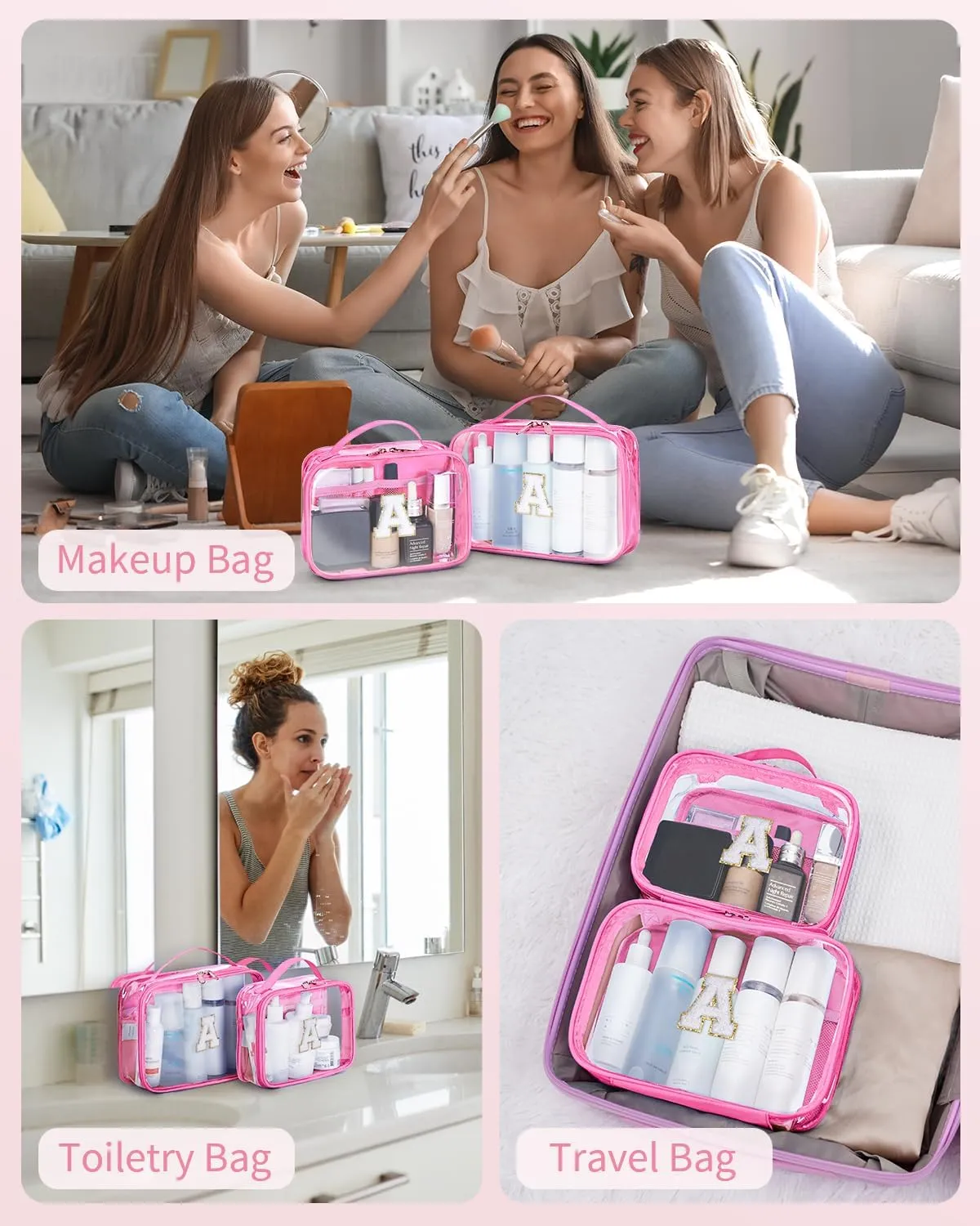 Wandering Nature Clear Makeup Bags 2 Pack Personalized Initial Makeup Pouch Preppy Small Cosmetic Pouch Organizer Travel Toiletry Bag, Birthday Gifts for Girlfriend Women