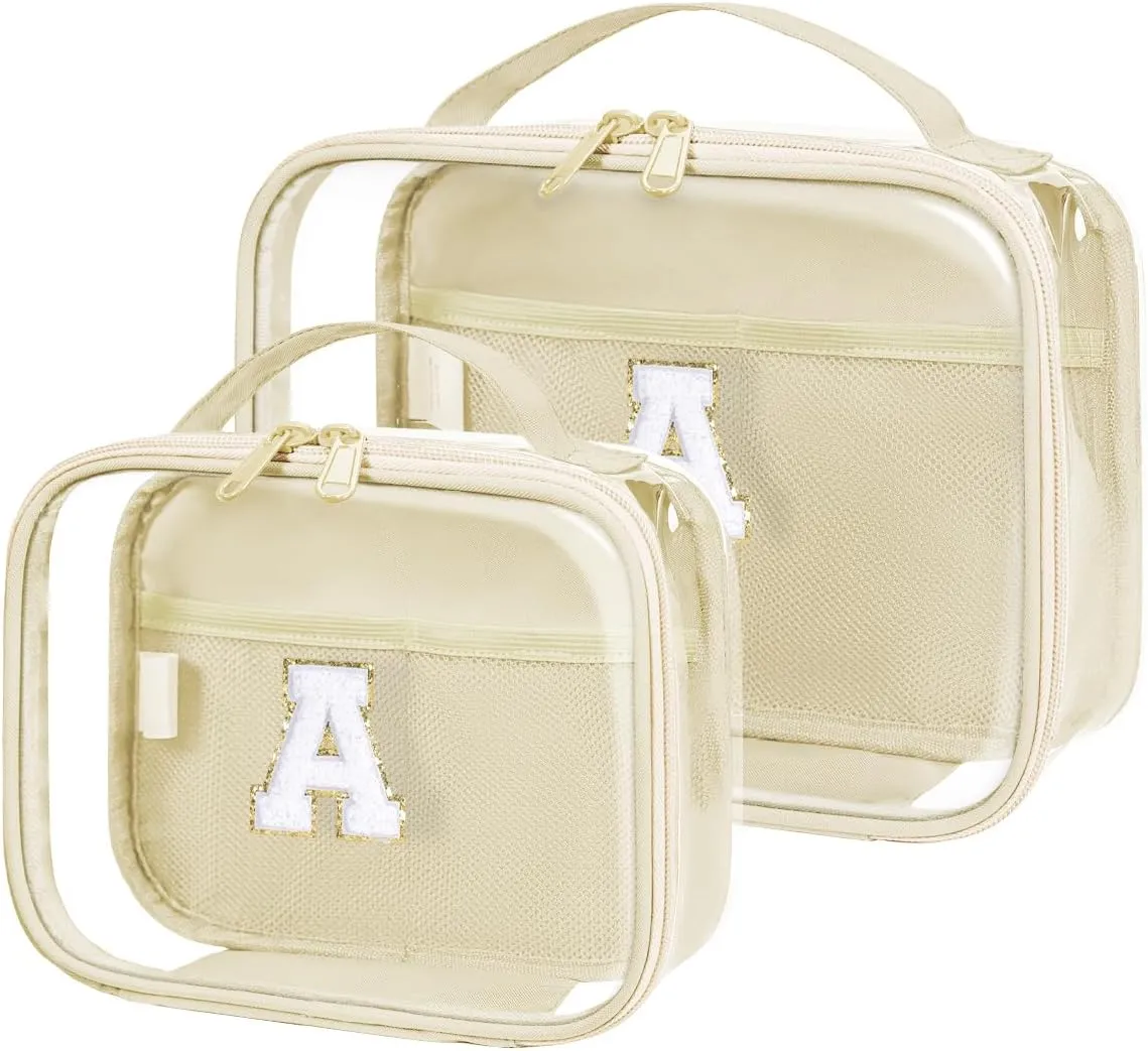 Wandering Nature Clear Makeup Bags 2 Pack Personalized Initial Makeup Pouch Preppy Small Cosmetic Pouch Organizer Travel Toiletry Bag, Birthday Gifts for Girlfriend Women