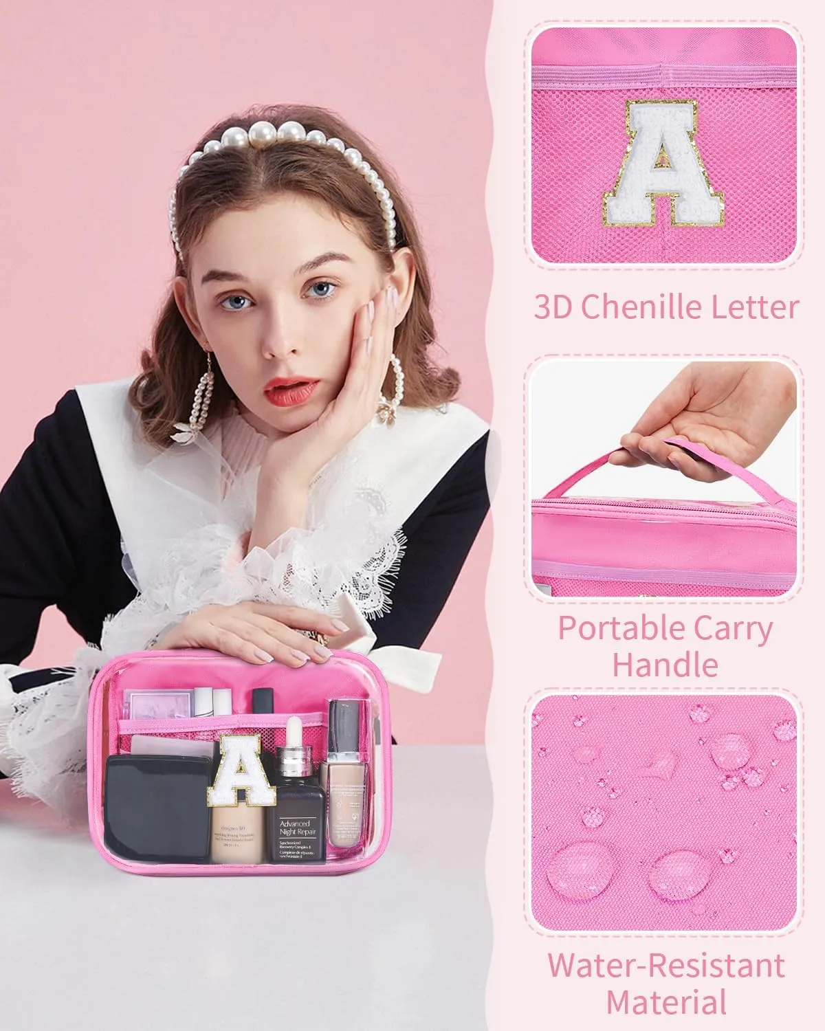 Wandering Nature Clear Makeup Bags 2 Pack Personalized Initial Makeup Pouch Preppy Small Cosmetic Pouch Organizer Travel Toiletry Bag, Birthday Gifts for Girlfriend Women