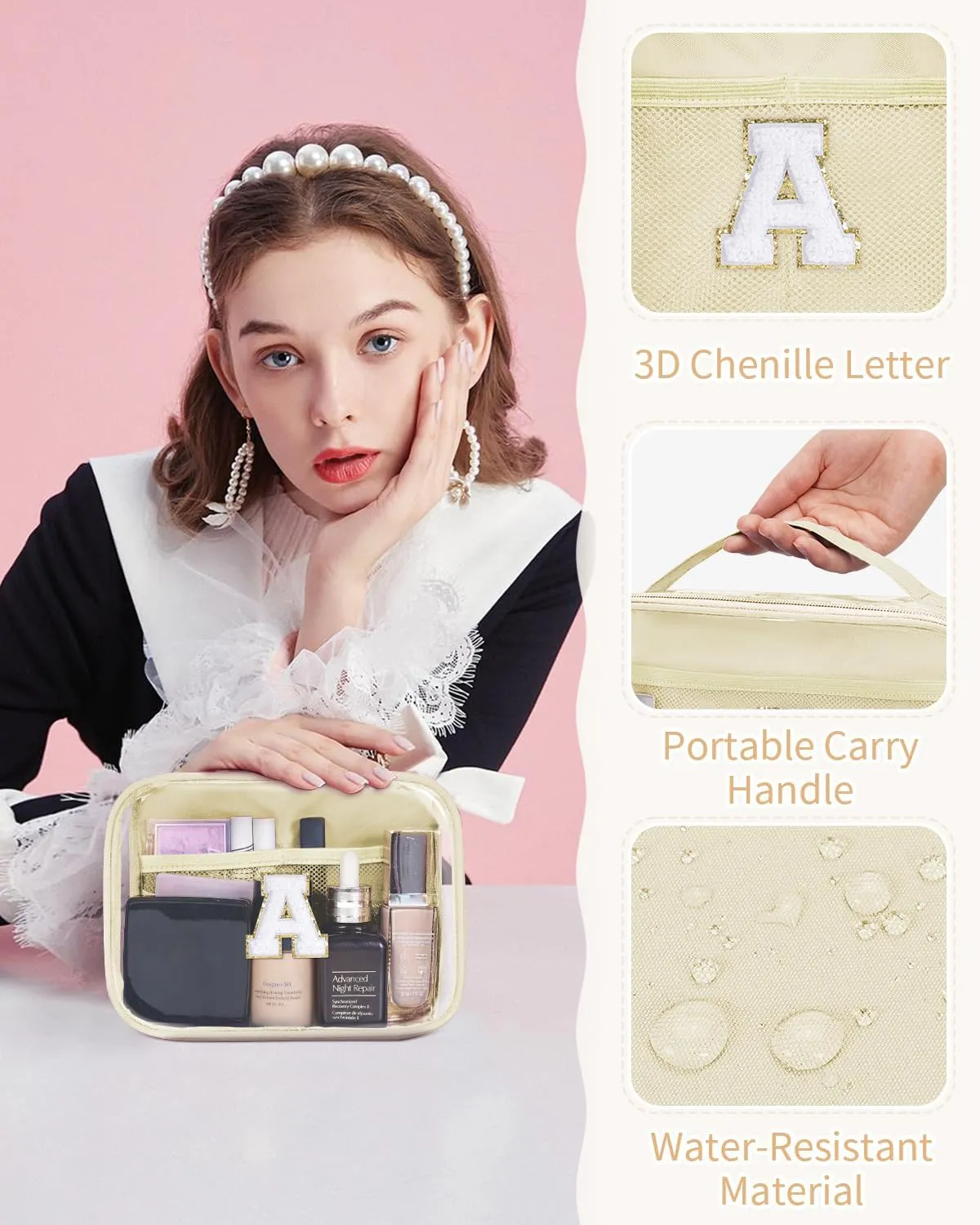 Wandering Nature Clear Makeup Bags 2 Pack Personalized Initial Makeup Pouch Preppy Small Cosmetic Pouch Organizer Travel Toiletry Bag, Birthday Gifts for Girlfriend Women