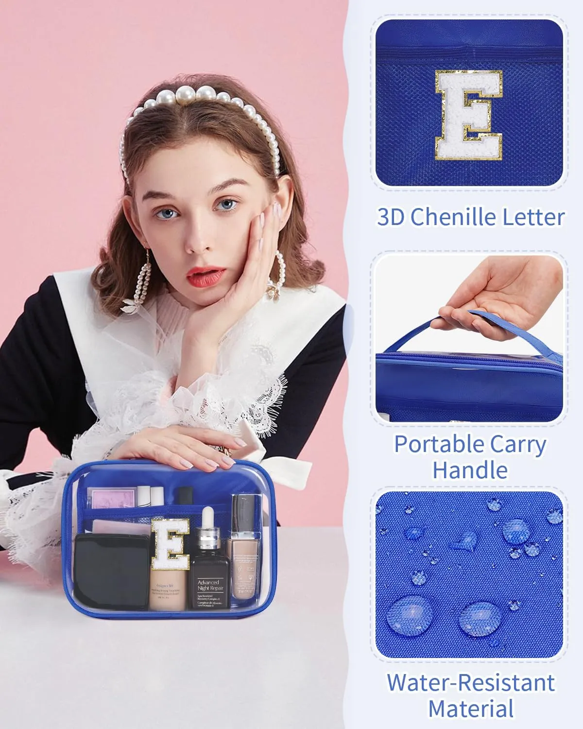 Wandering Nature Clear Makeup Bags 2 Pack Personalized Initial Makeup Pouch Preppy Small Cosmetic Pouch Organizer Travel Toiletry Bag, Birthday Gifts for Girlfriend Women