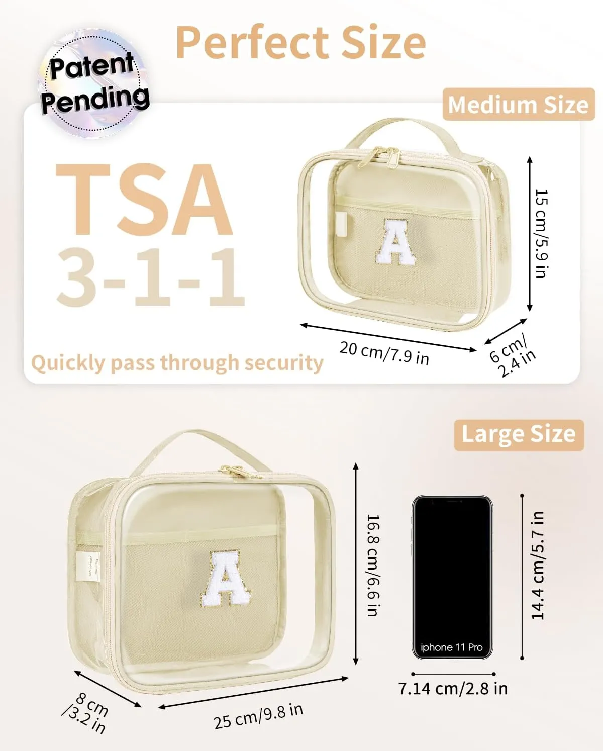 Wandering Nature Clear Makeup Bags 2 Pack Personalized Initial Makeup Pouch Preppy Small Cosmetic Pouch Organizer Travel Toiletry Bag, Birthday Gifts for Girlfriend Women