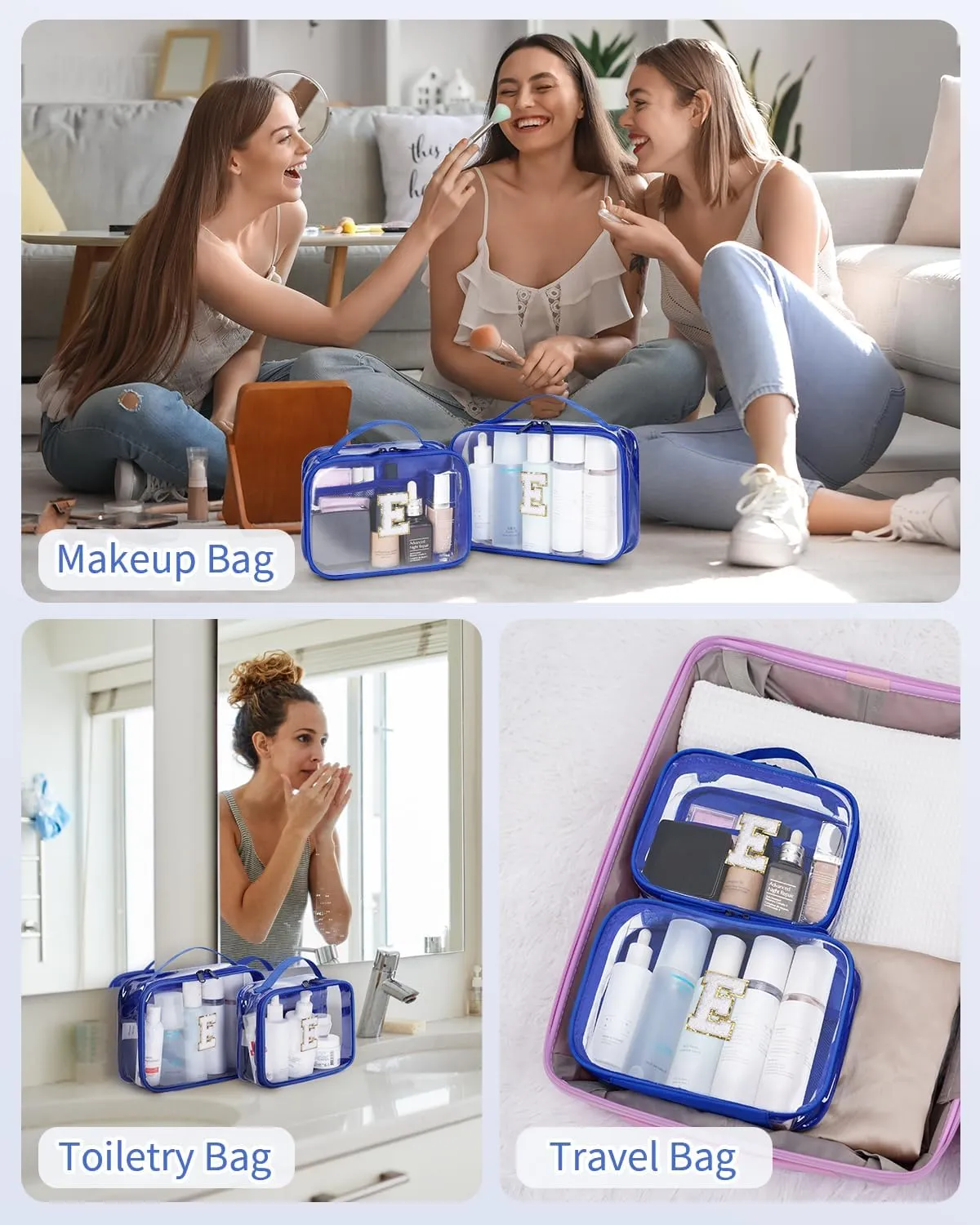 Wandering Nature Clear Makeup Bags 2 Pack Personalized Initial Makeup Pouch Preppy Small Cosmetic Pouch Organizer Travel Toiletry Bag, Birthday Gifts for Girlfriend Women