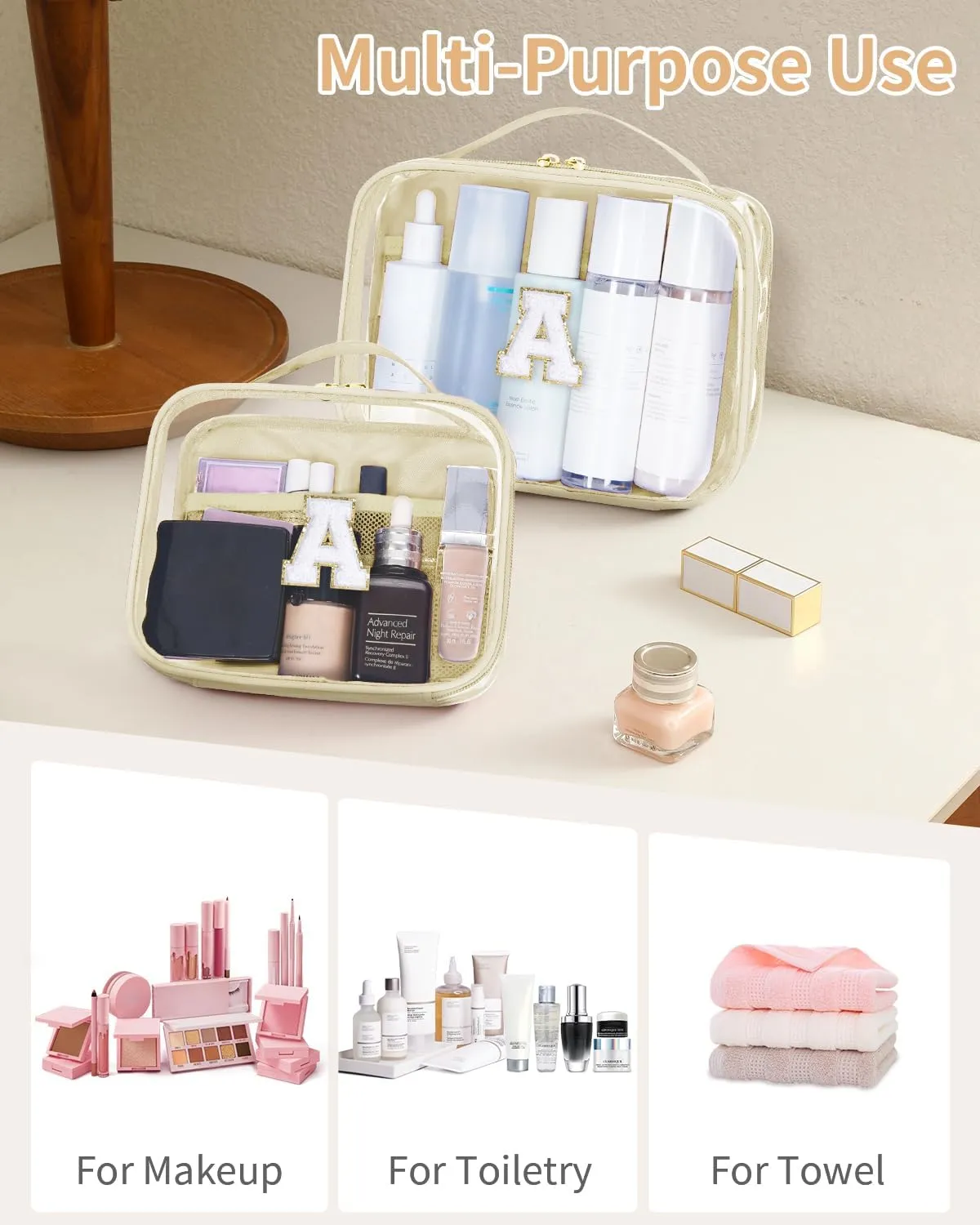 Wandering Nature Clear Makeup Bags 2 Pack Personalized Initial Makeup Pouch Preppy Small Cosmetic Pouch Organizer Travel Toiletry Bag, Birthday Gifts for Girlfriend Women