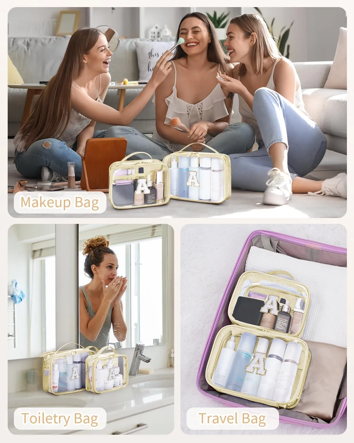 Wandering Nature Clear Makeup Bags 2 Pack Personalized Initial Makeup Pouch Preppy Small Cosmetic Pouch Organizer Travel Toiletry Bag, Birthday Gifts for Girlfriend Women