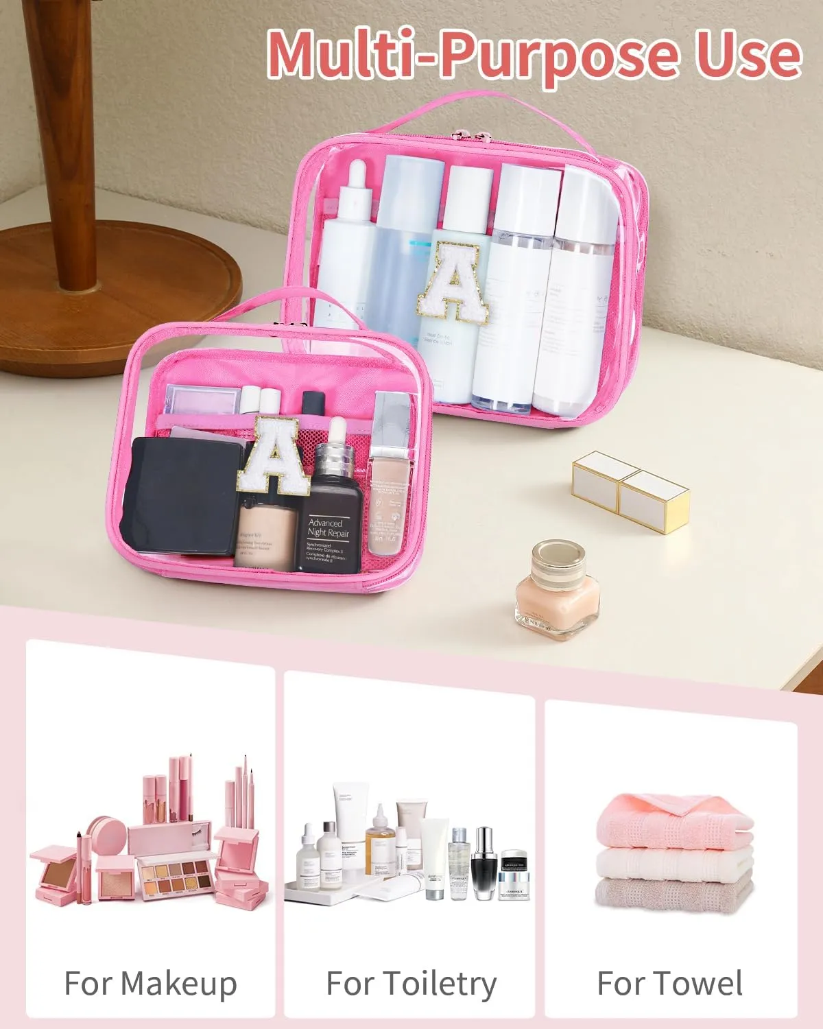 Wandering Nature Clear Makeup Bags 2 Pack Personalized Initial Makeup Pouch Preppy Small Cosmetic Pouch Organizer Travel Toiletry Bag, Birthday Gifts for Girlfriend Women