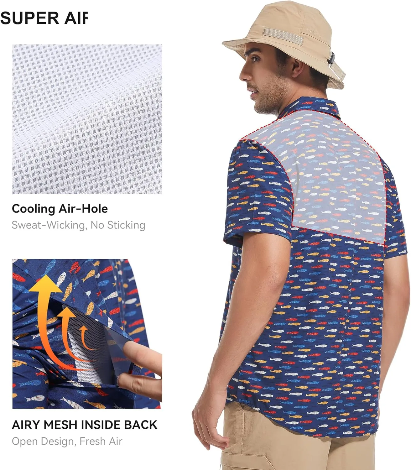 WARHORSEE Printed Fishing Shirts for Men UPF 50  Breathable Stretch Mens Button Down Short Sleeve Hiking Casual Shirts