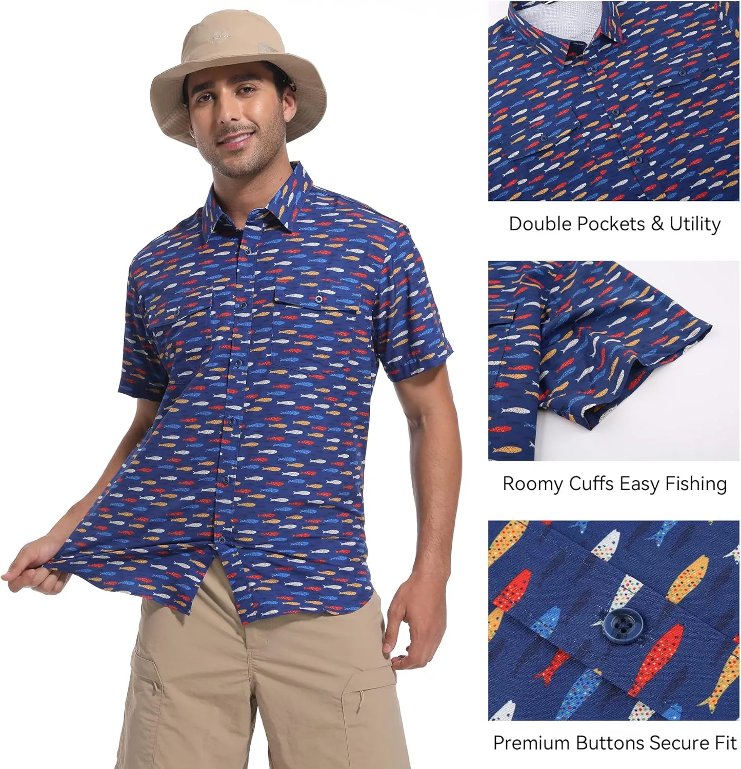 WARHORSEE Printed Fishing Shirts for Men UPF 50  Breathable Stretch Mens Button Down Short Sleeve Hiking Casual Shirts