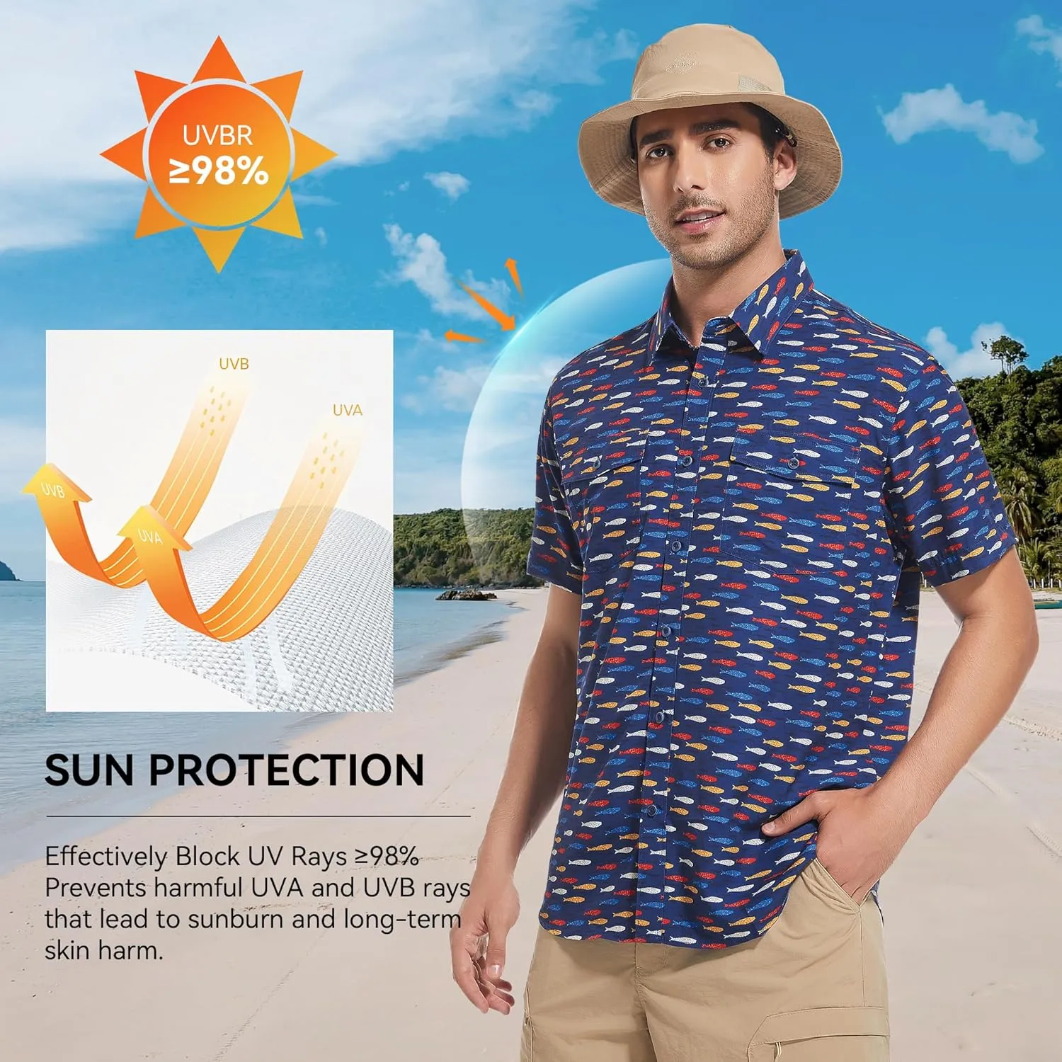 WARHORSEE Printed Fishing Shirts for Men UPF 50  Breathable Stretch Mens Button Down Short Sleeve Hiking Casual Shirts