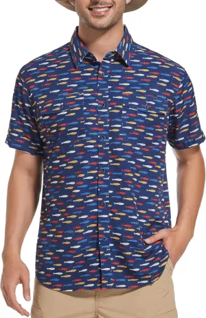WARHORSEE Printed Fishing Shirts for Men UPF 50  Breathable Stretch Mens Button Down Short Sleeve Hiking Casual Shirts