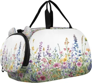 Watercolor Wildflowers Kids Overnight Sports Duffel Bags with Shoe Compartment & Wet Pocket Travel Sport Gym Bag for Girls Boys