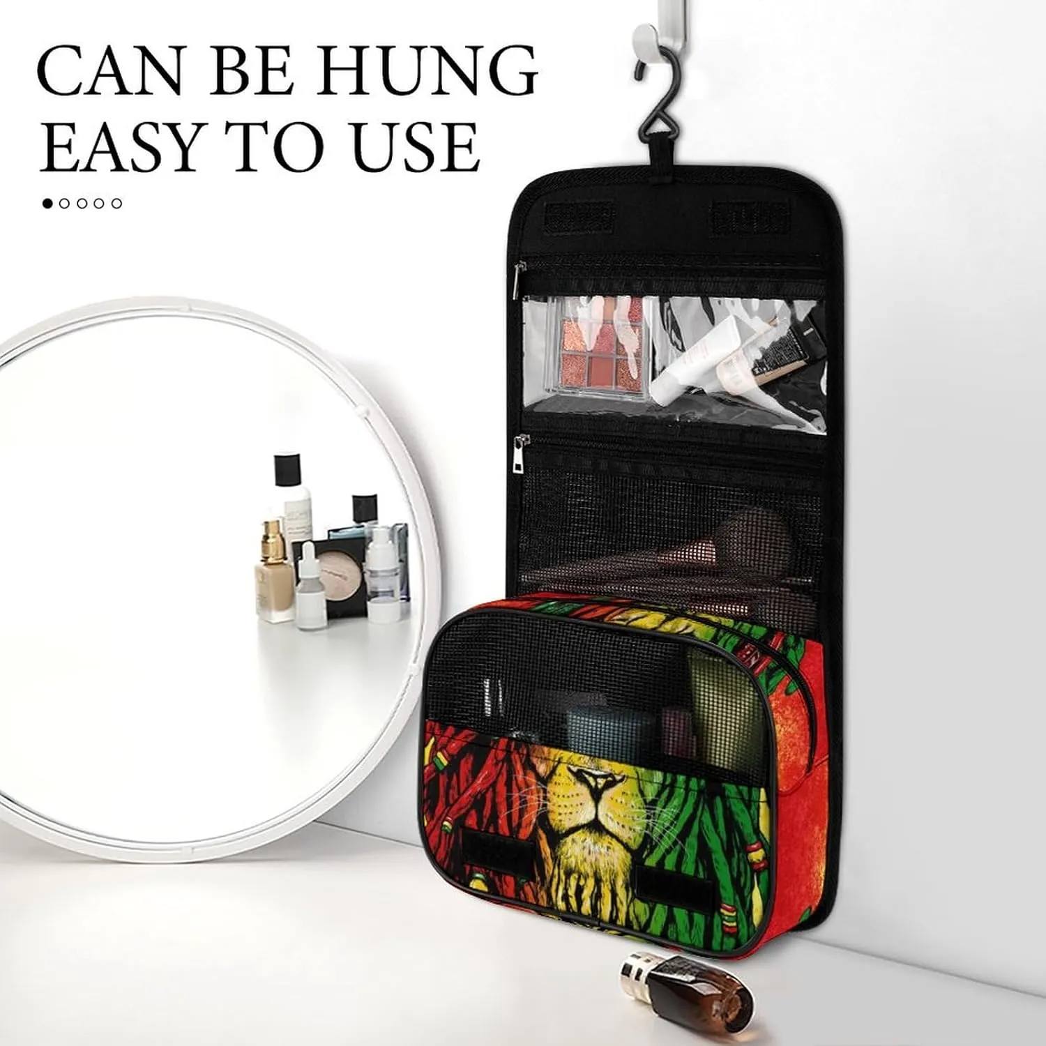 Waterproof Hanging Toiletry Bags for Traveling, Jamaican Rasta Flag Rastafarian Reggae Lion Cosmetic Bag, Portable Foldable Makeup Case Organizer Shaving Bag