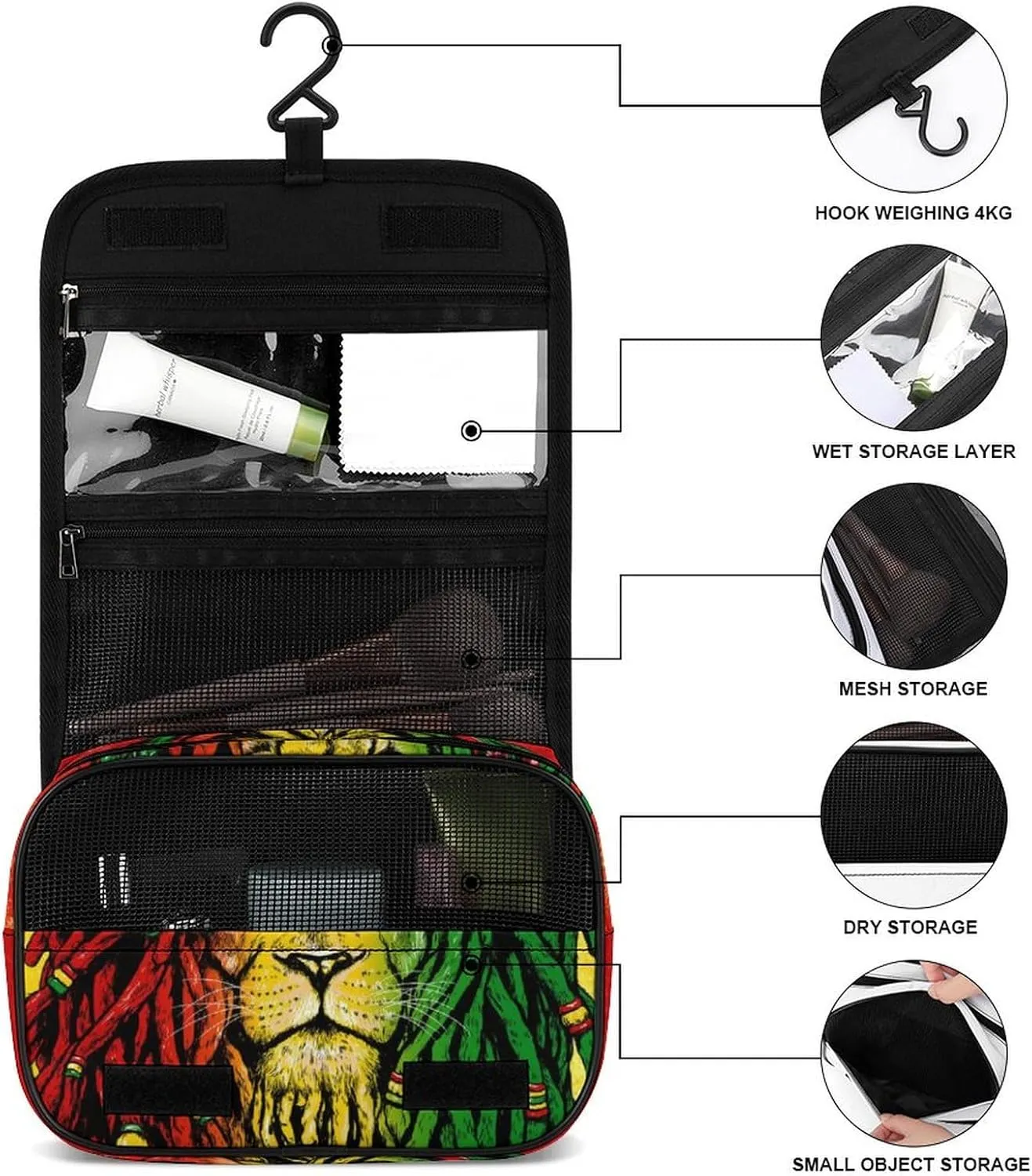 Waterproof Hanging Toiletry Bags for Traveling, Jamaican Rasta Flag Rastafarian Reggae Lion Cosmetic Bag, Portable Foldable Makeup Case Organizer Shaving Bag