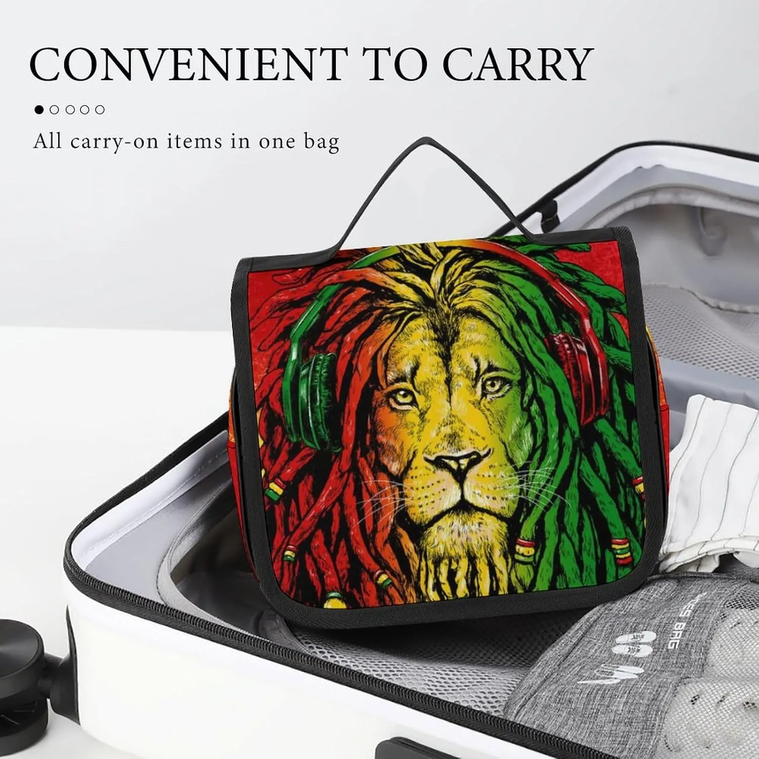 Waterproof Hanging Toiletry Bags for Traveling, Jamaican Rasta Flag Rastafarian Reggae Lion Cosmetic Bag, Portable Foldable Makeup Case Organizer Shaving Bag