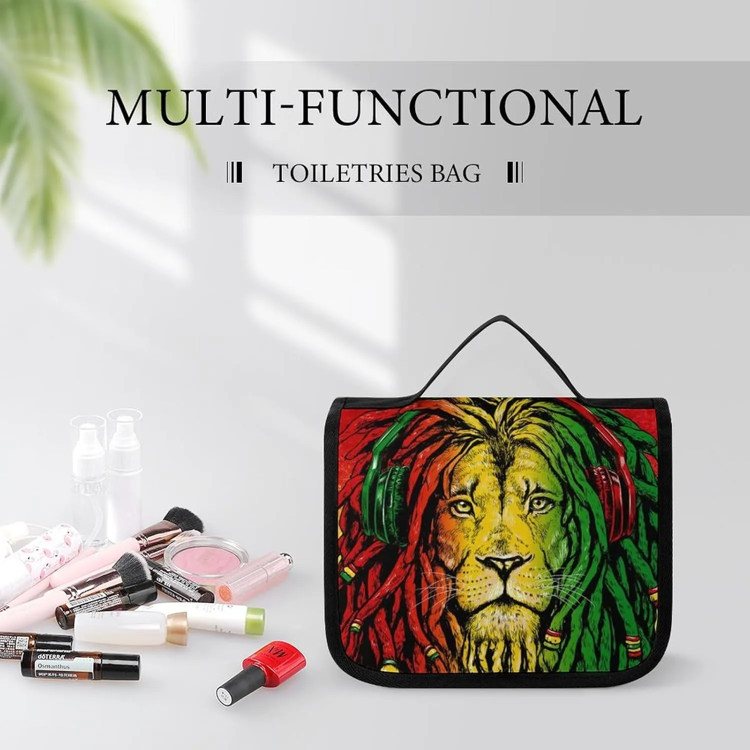 Waterproof Hanging Toiletry Bags for Traveling, Jamaican Rasta Flag Rastafarian Reggae Lion Cosmetic Bag, Portable Foldable Makeup Case Organizer Shaving Bag